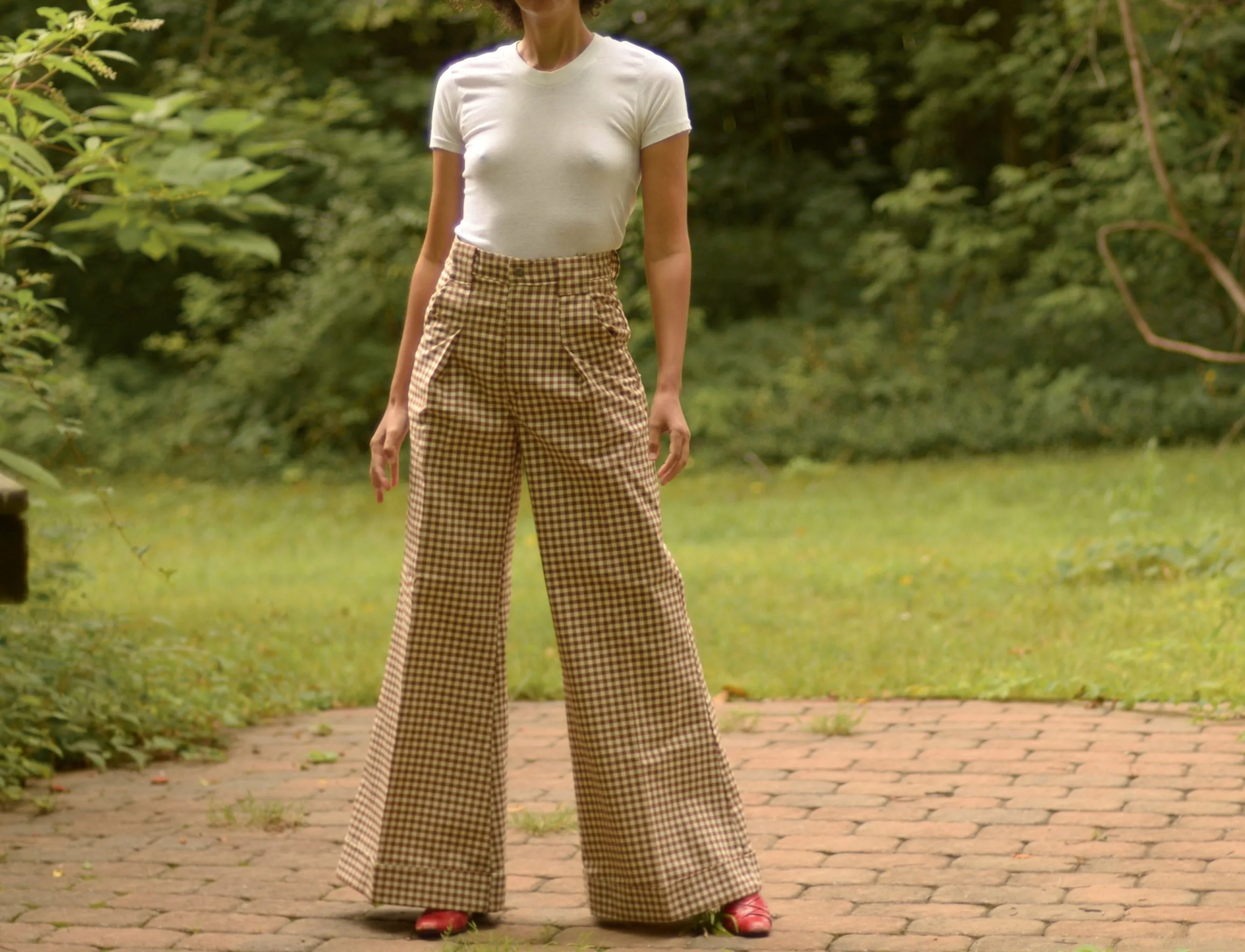 Rare 1970s thick cotton gingham ultra wide leg bell bottom trousers, 27w