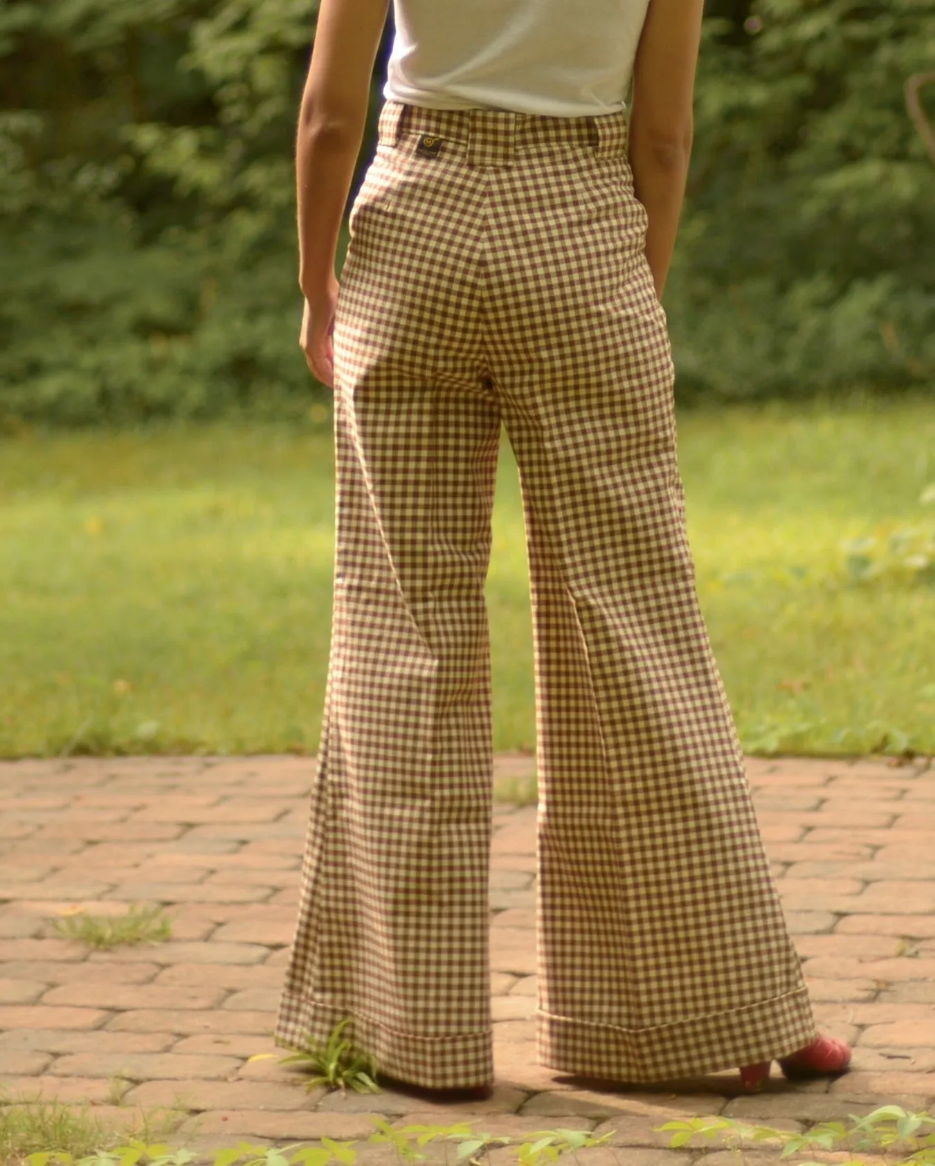 Rare 1970s thick cotton gingham ultra wide leg bell bottom trousers, 27w