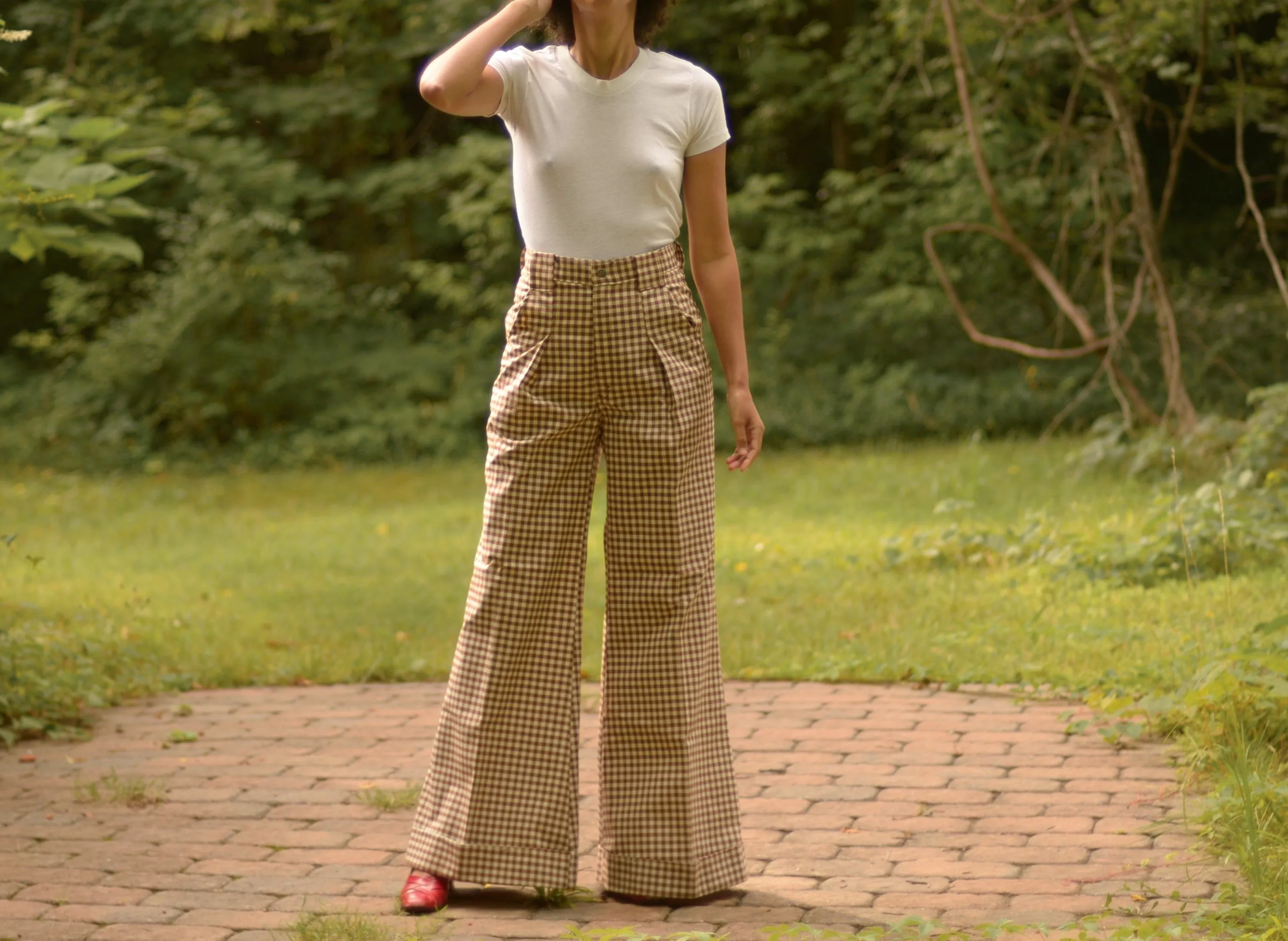 Rare 1970s thick cotton gingham ultra wide leg bell bottom trousers, 27w