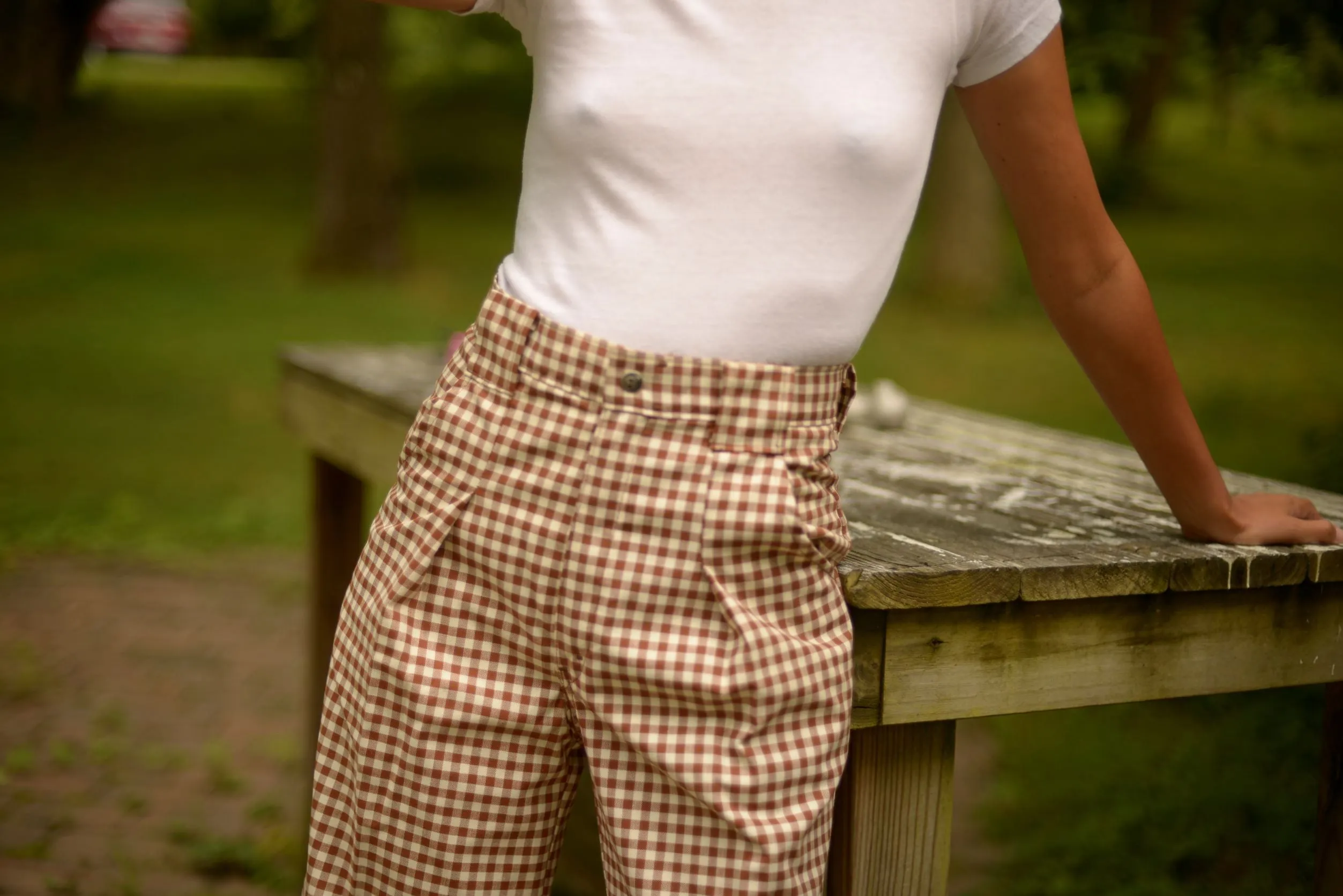 Rare 1970s thick cotton gingham ultra wide leg bell bottom trousers, 27w