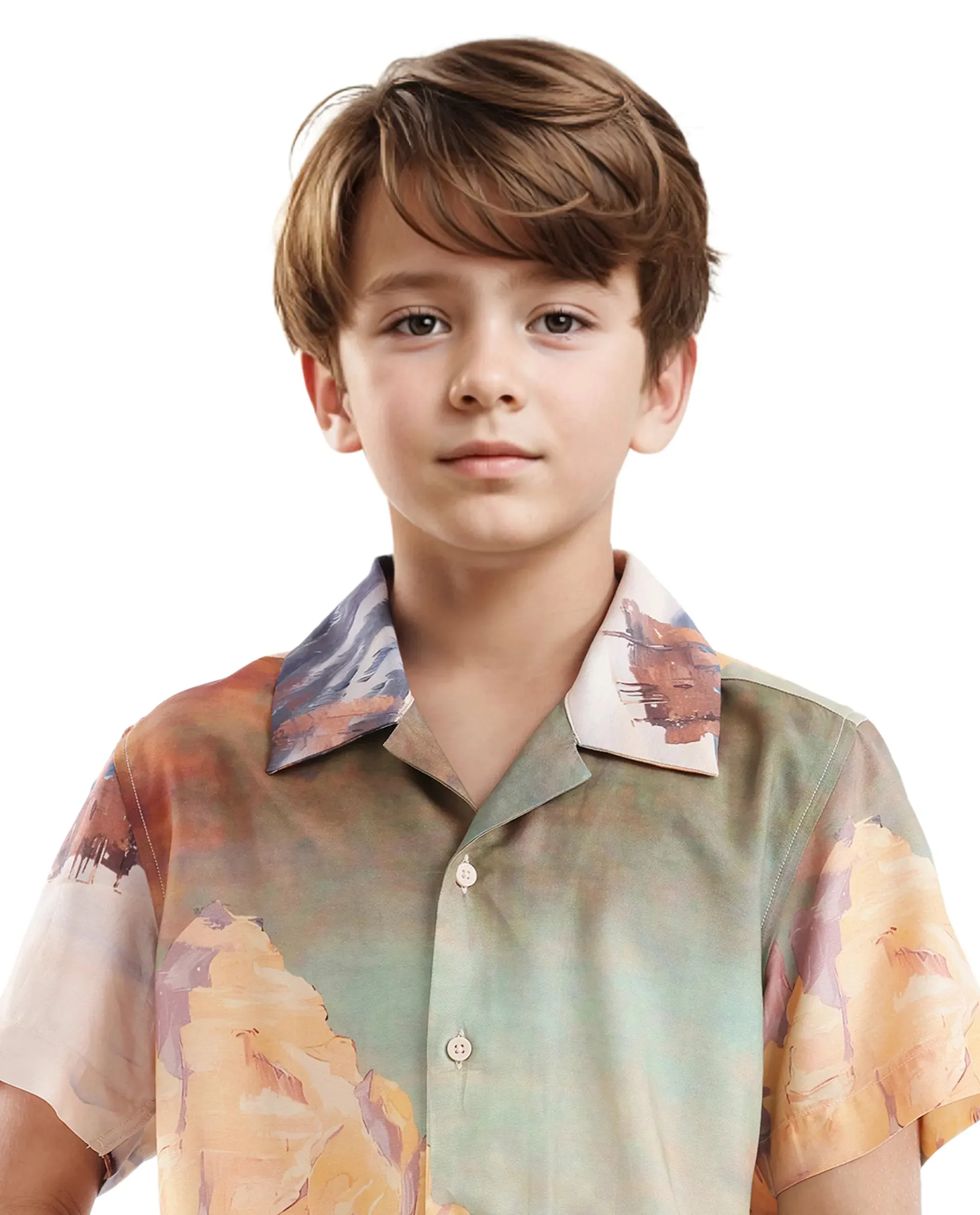 Rare Ones Kids Chilo Light Orange Viscose Full Sleeve Cuban Collar Placement Print Shirt