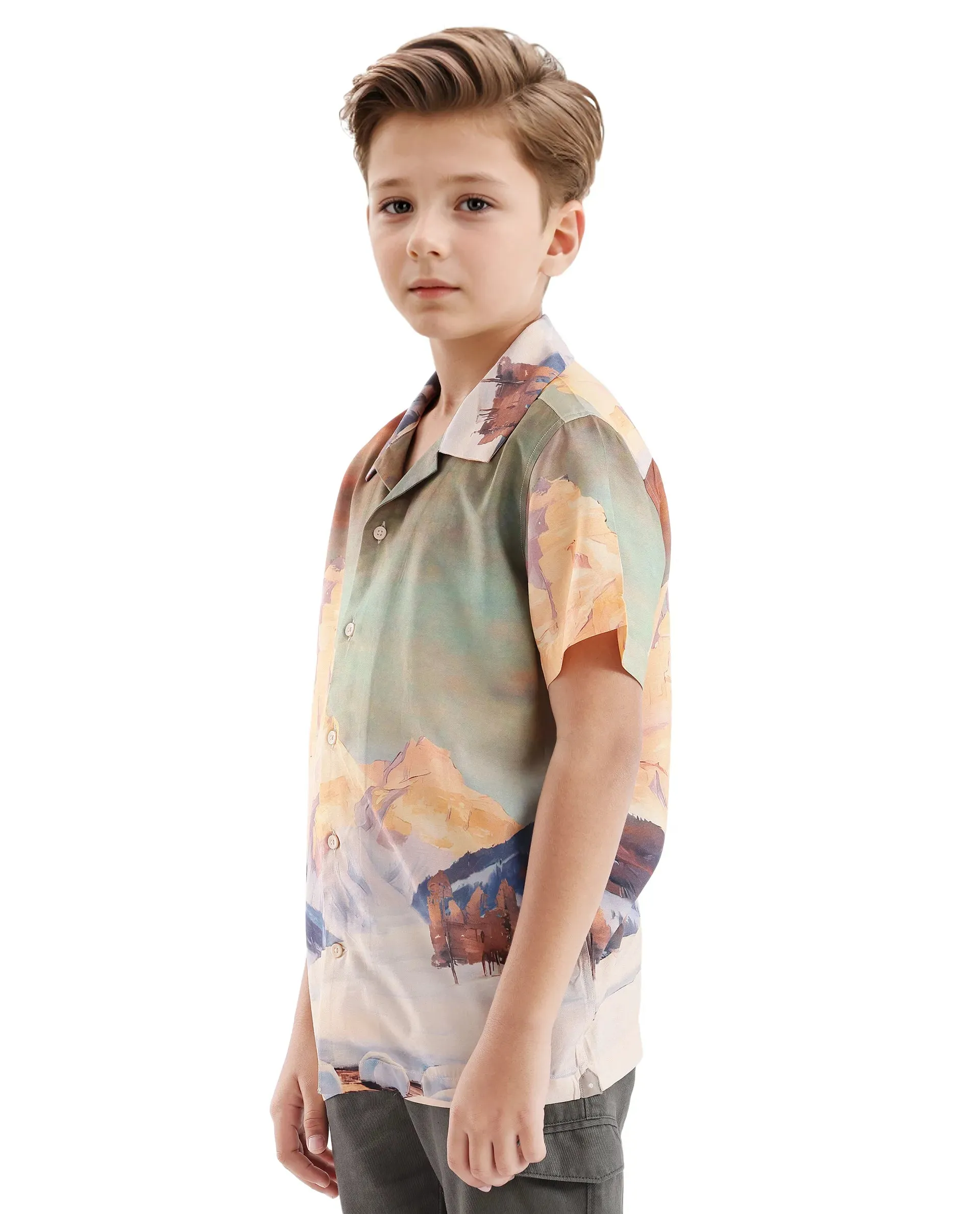 Rare Ones Kids Chilo Light Orange Viscose Full Sleeve Cuban Collar Placement Print Shirt