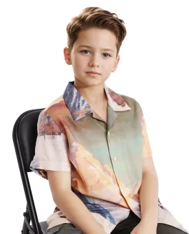 Rare Ones Kids Chilo Light Orange Viscose Full Sleeve Cuban Collar Placement Print Shirt