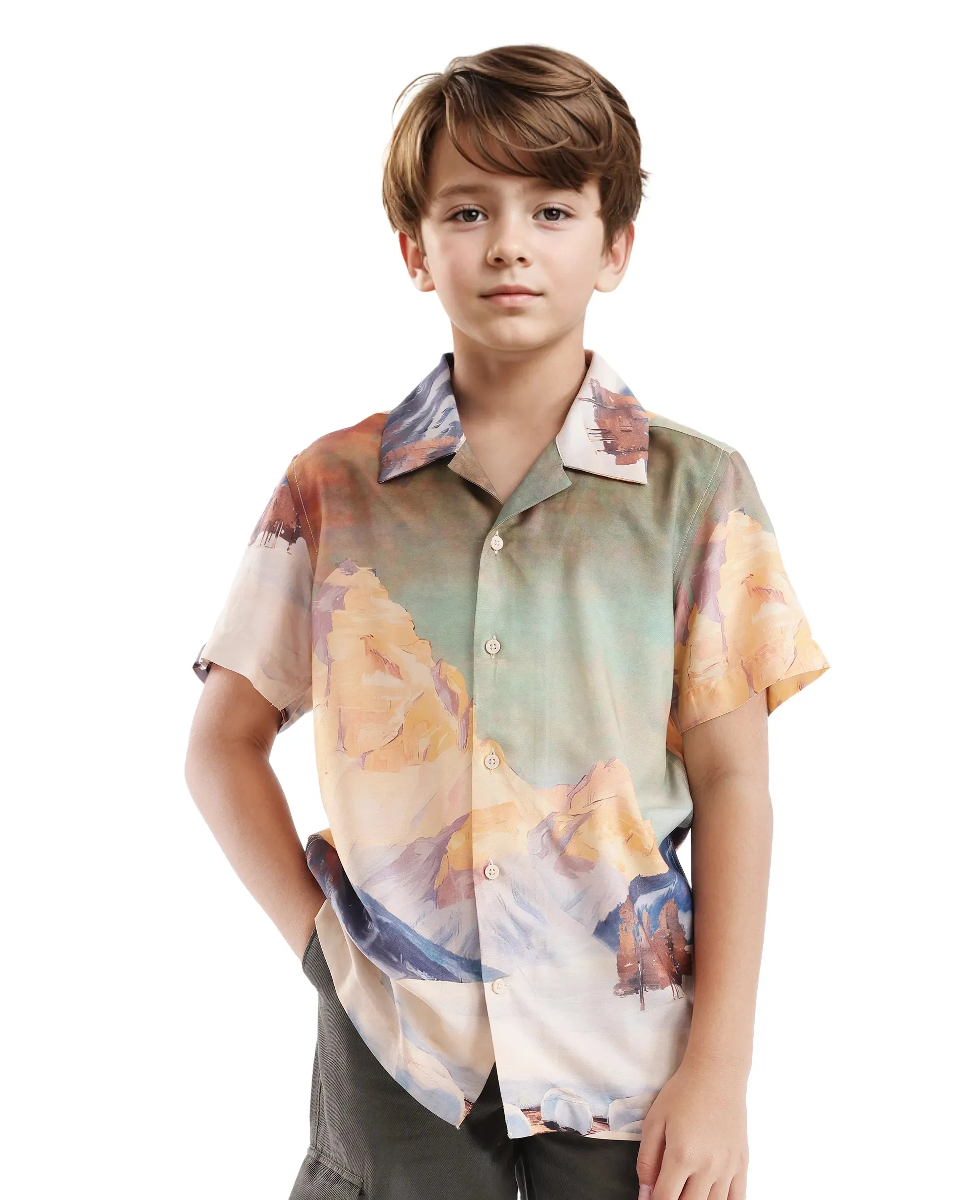 Rare Ones Kids Chilo Light Orange Viscose Full Sleeve Cuban Collar Placement Print Shirt