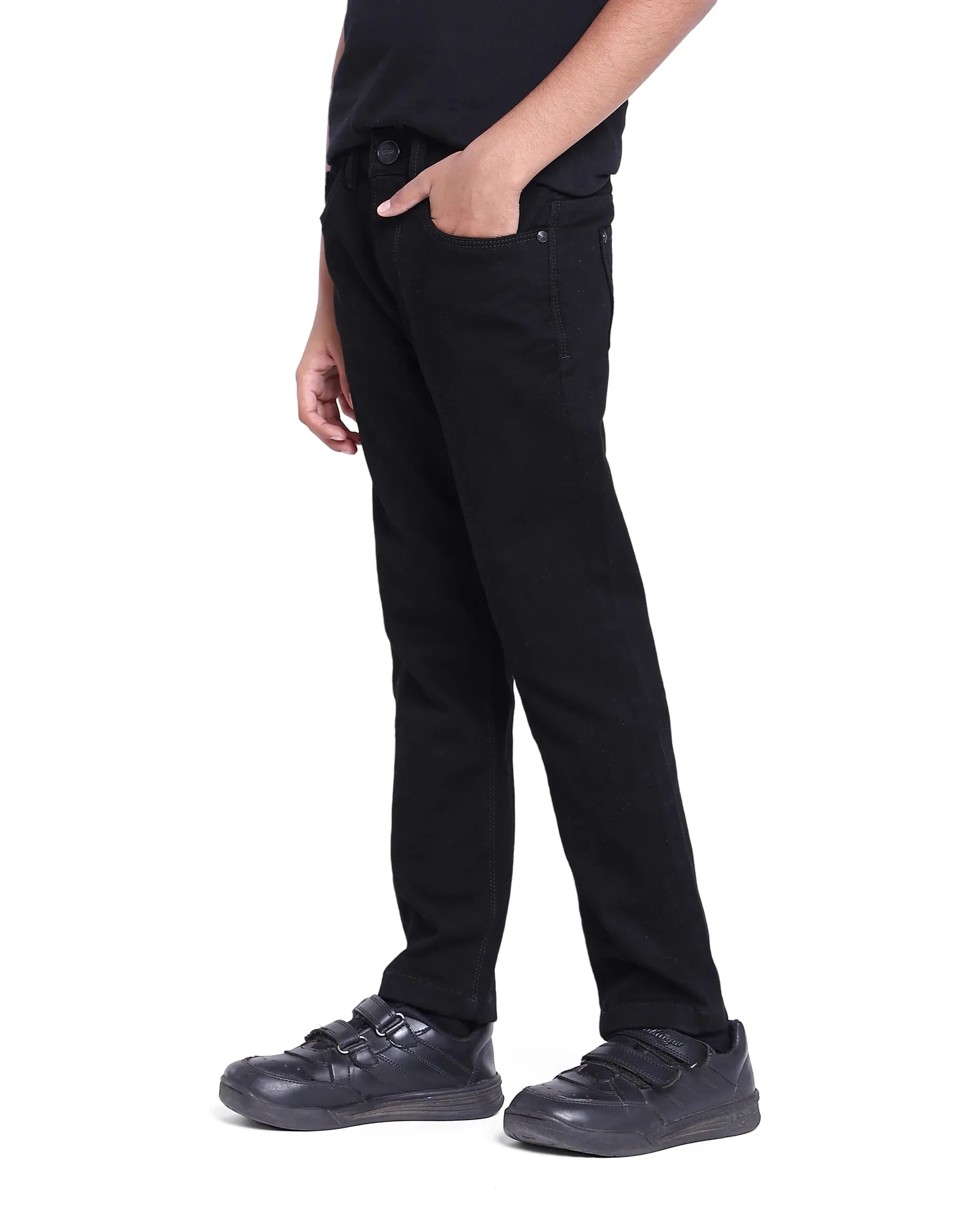 Rare Ones Kids Kino Black Cotton Poly Solid Slim Fit Denim Pant