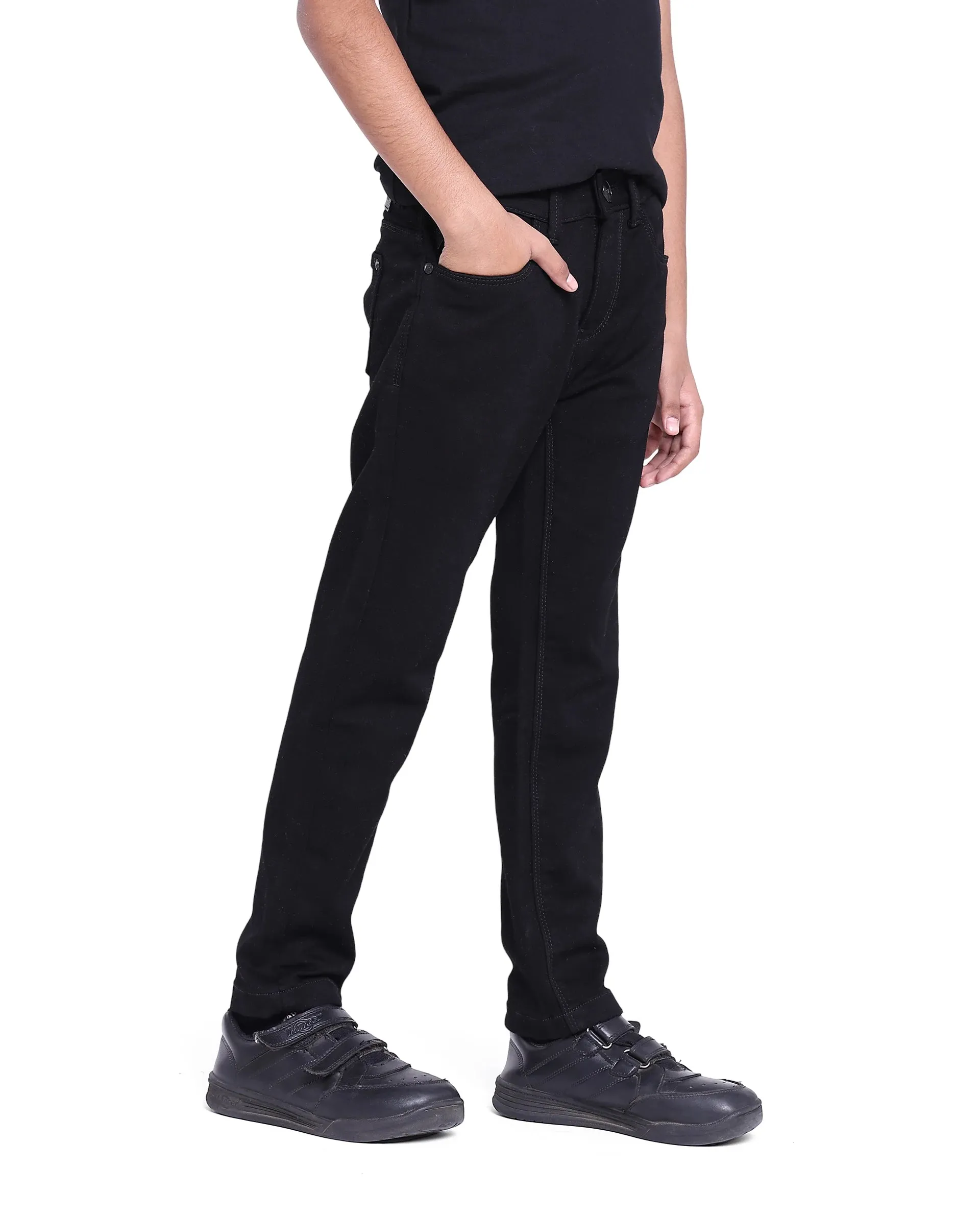 Rare Ones Kids Kino Black Cotton Poly Solid Slim Fit Denim Pant