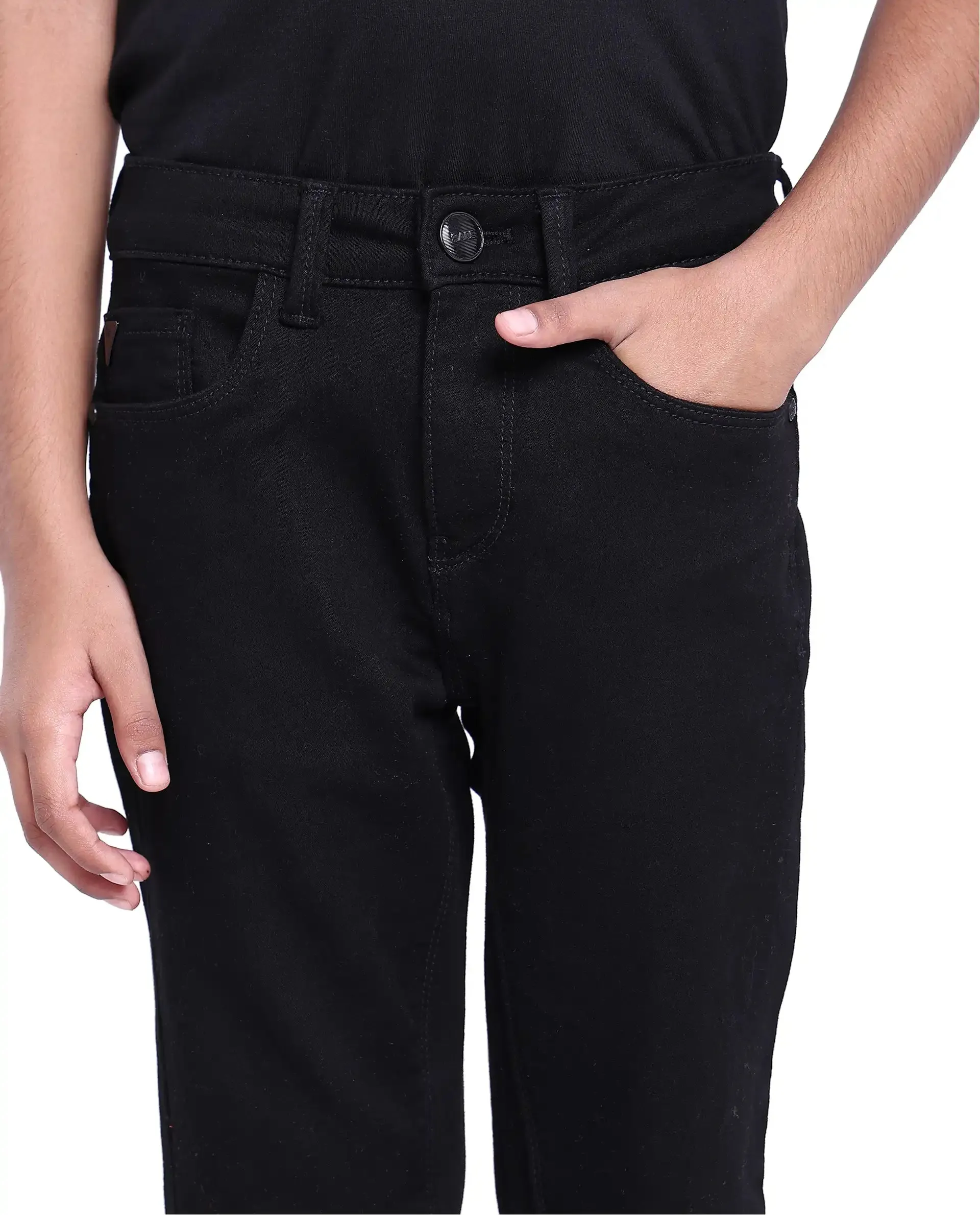 Rare Ones Kids Kino Black Cotton Poly Solid Slim Fit Denim Pant