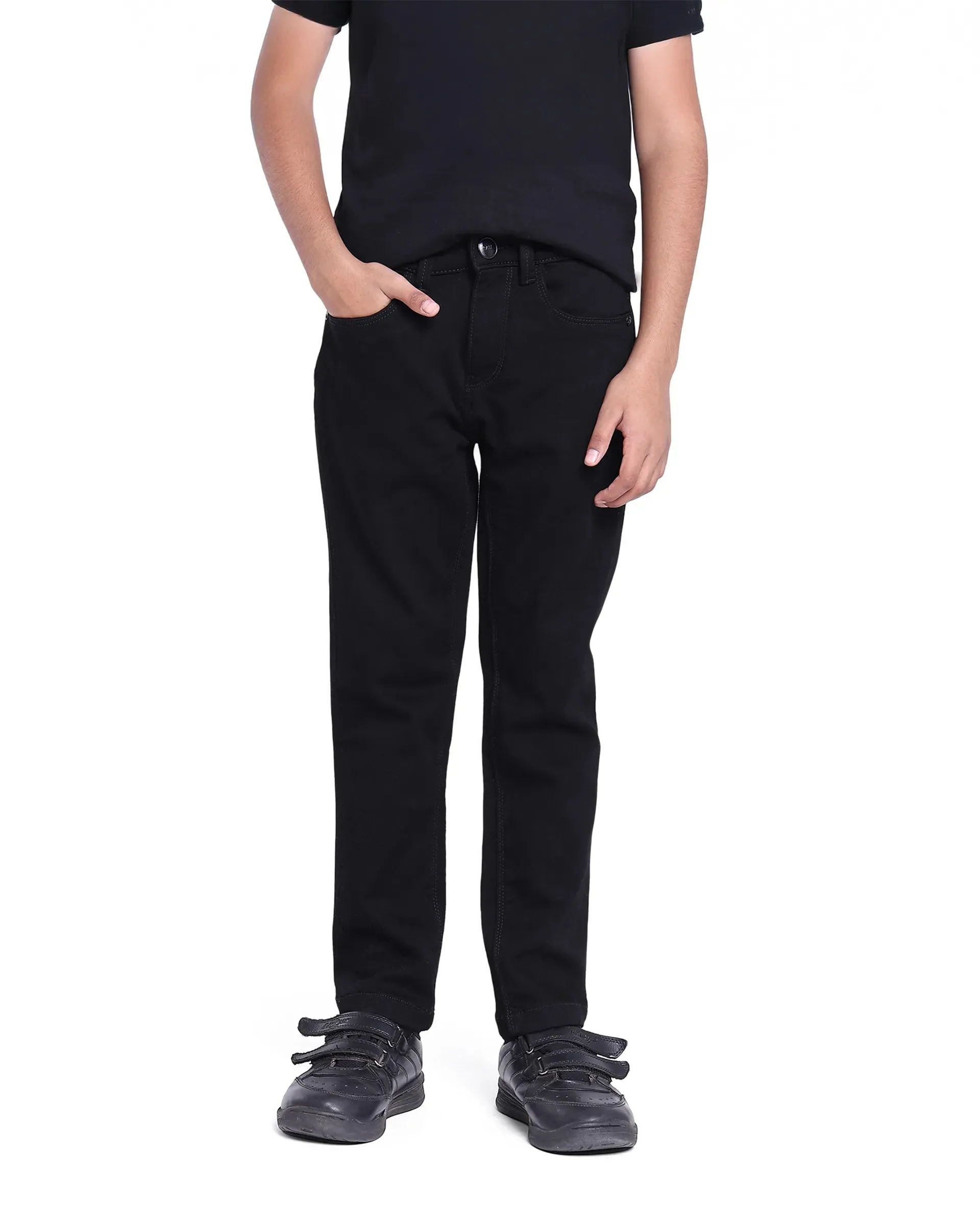 Rare Ones Kids Kino Black Cotton Poly Solid Slim Fit Denim Pant