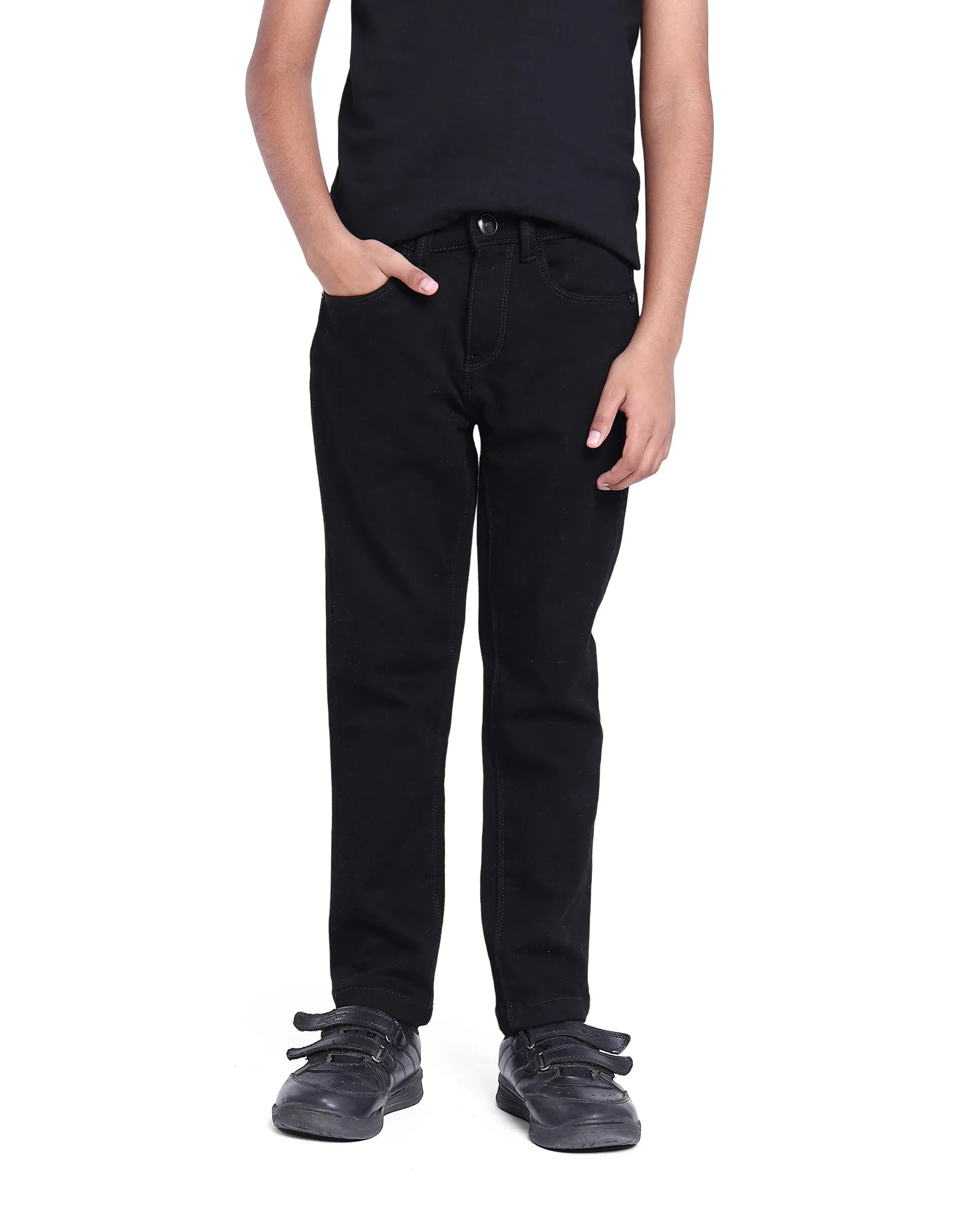 Rare Ones Kids Kino Black Cotton Poly Solid Slim Fit Denim Pant