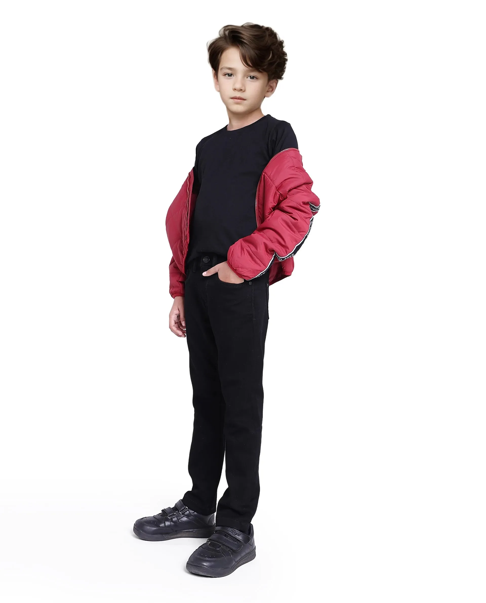 Rare Ones Kids Kino Black Cotton Poly Solid Slim Fit Denim Pant