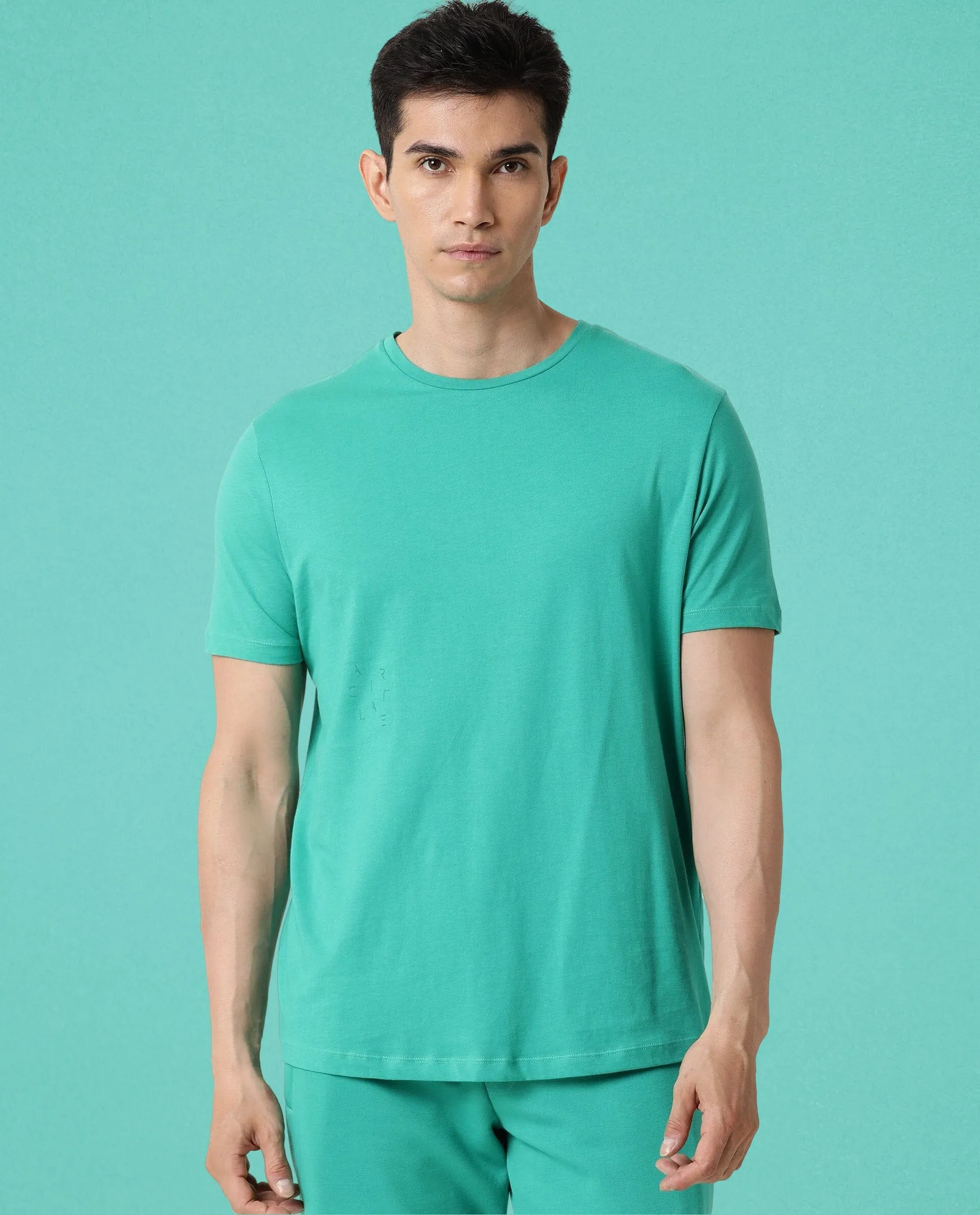 Rare Rabbit Articale Men's Caxel Emerald Green Crew Neck Offset Brand Print Half Sleeves T-shirt