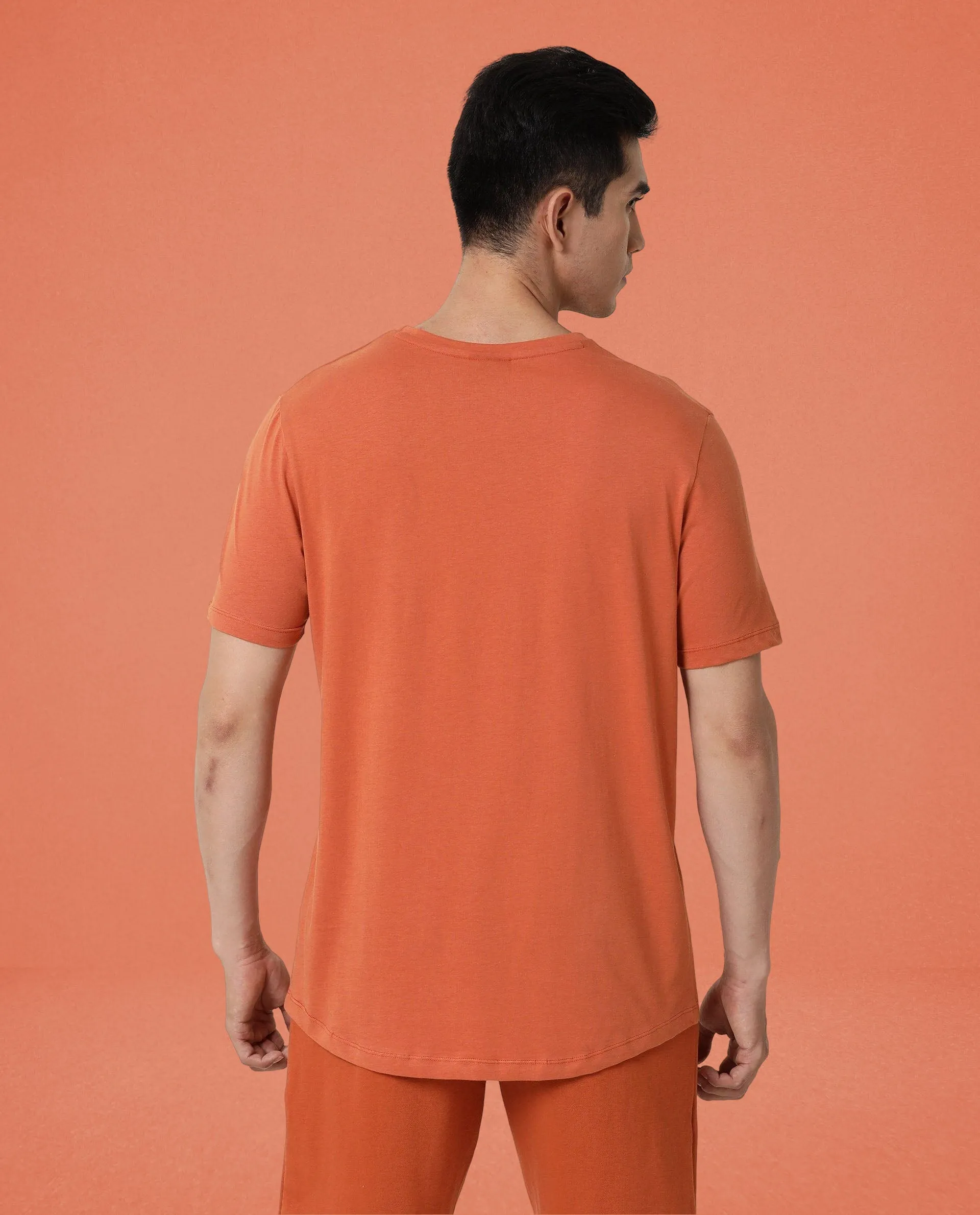 Rare Rabbit Articale Men's Caxel Tangy Orange Crew Neck Offset Brand Print Half Sleeves T-shirt