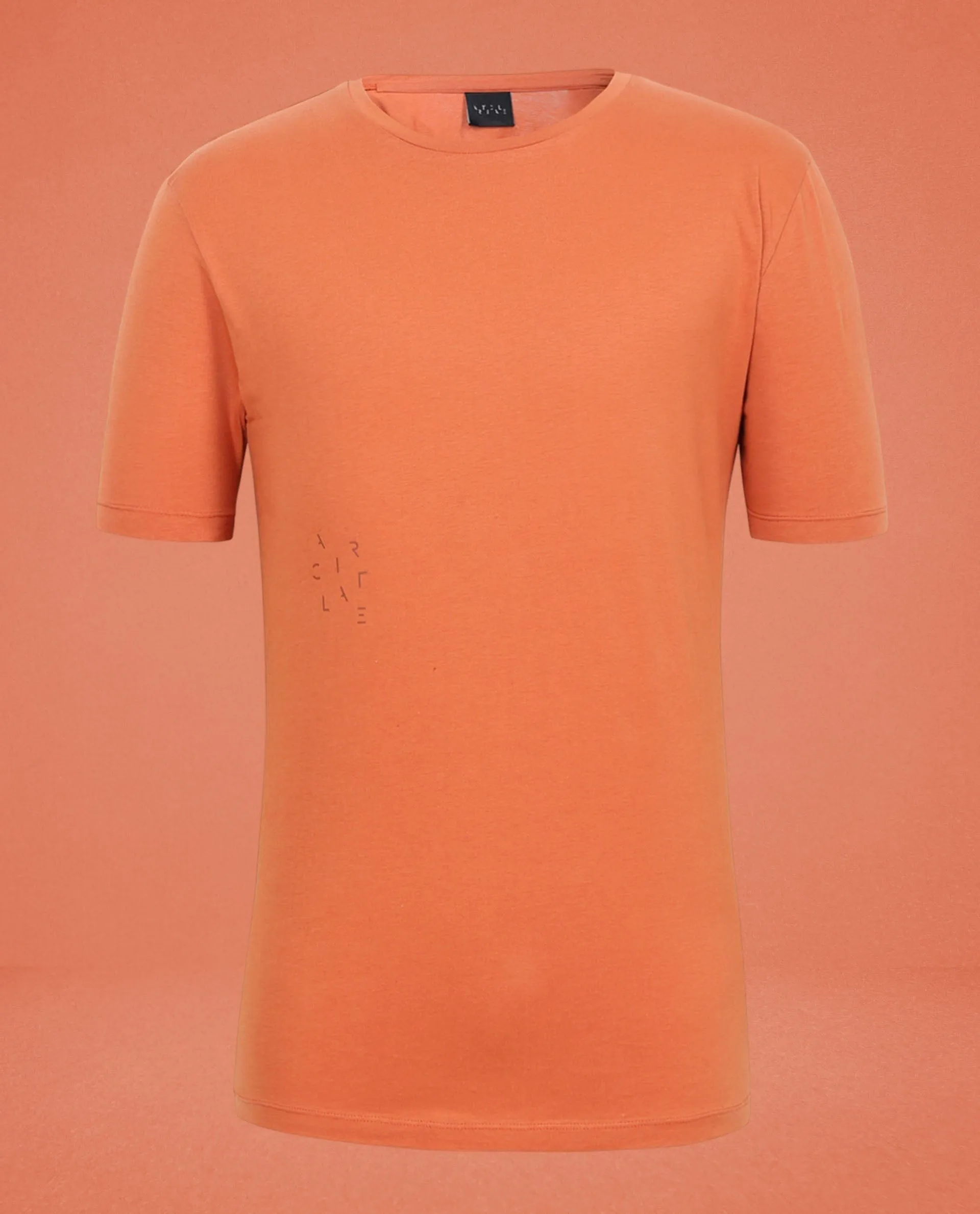 Rare Rabbit Articale Men's Caxel Tangy Orange Crew Neck Offset Brand Print Half Sleeves T-shirt