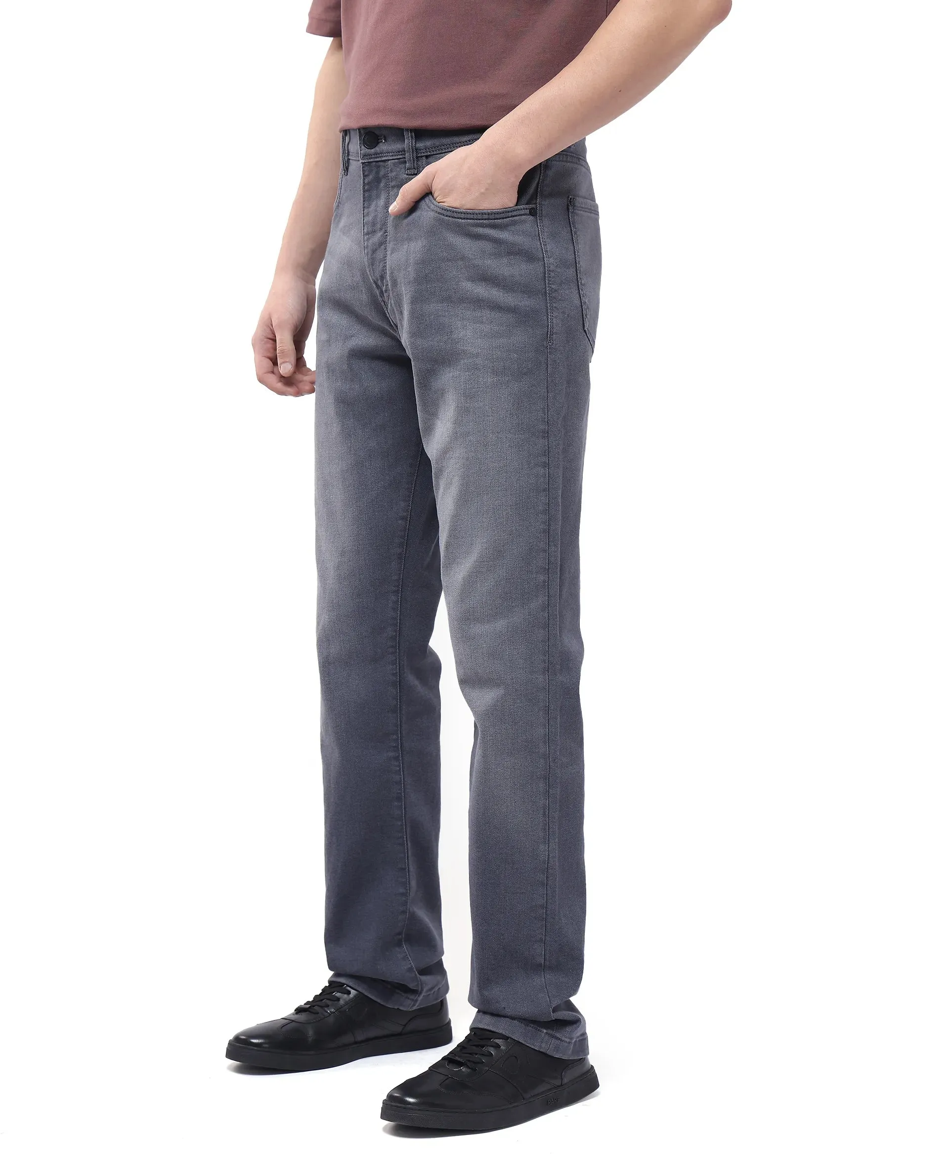 Rare Rabbit Men Fyod Grey Cotton Polyester Fabric Regular Fit Plain Denim Pant