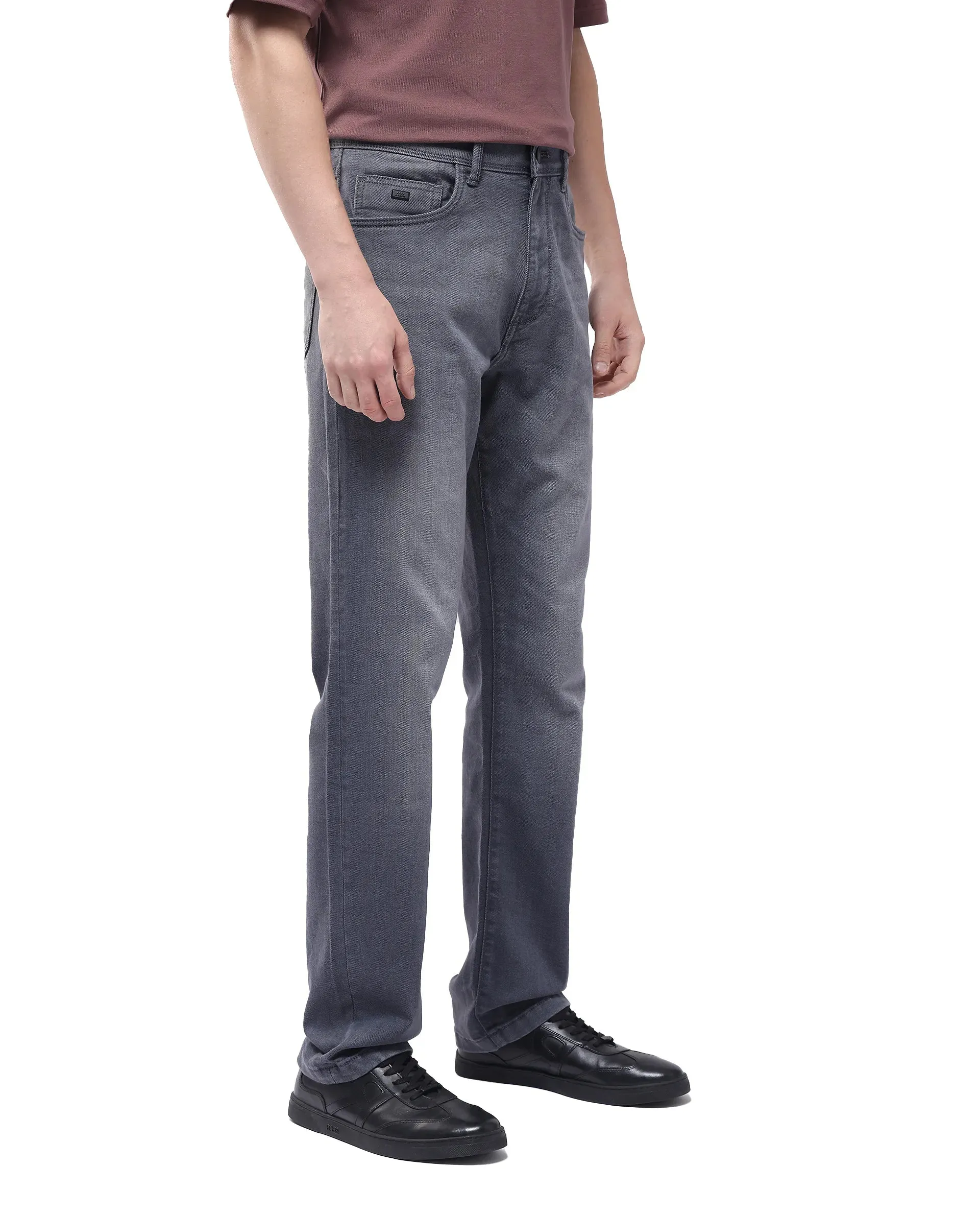 Rare Rabbit Men Fyod Grey Cotton Polyester Fabric Regular Fit Plain Denim Pant