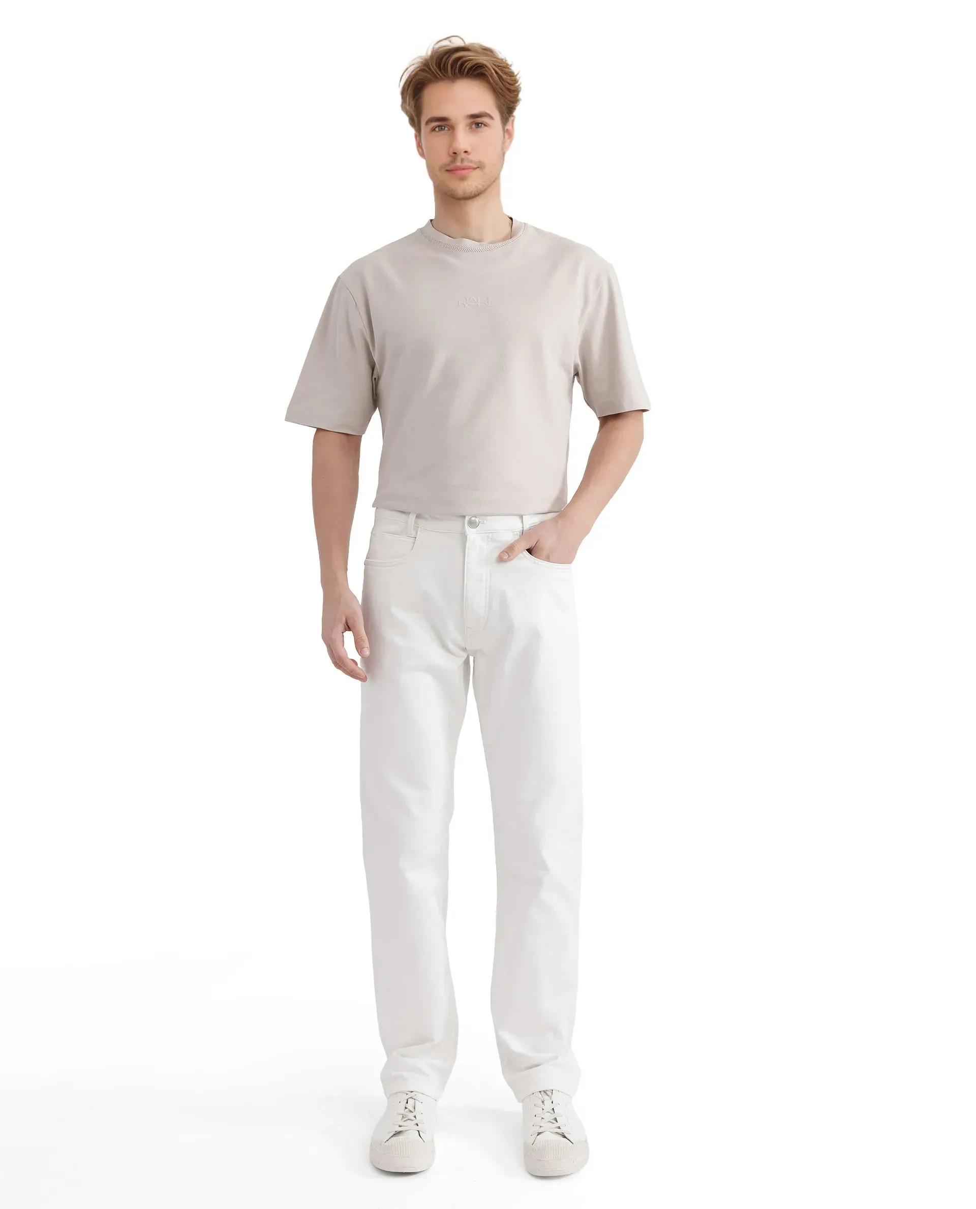 Rare Rabbit Men Glebon White Cotton Spandex Fabric Regular Fit Plain Denim Pant