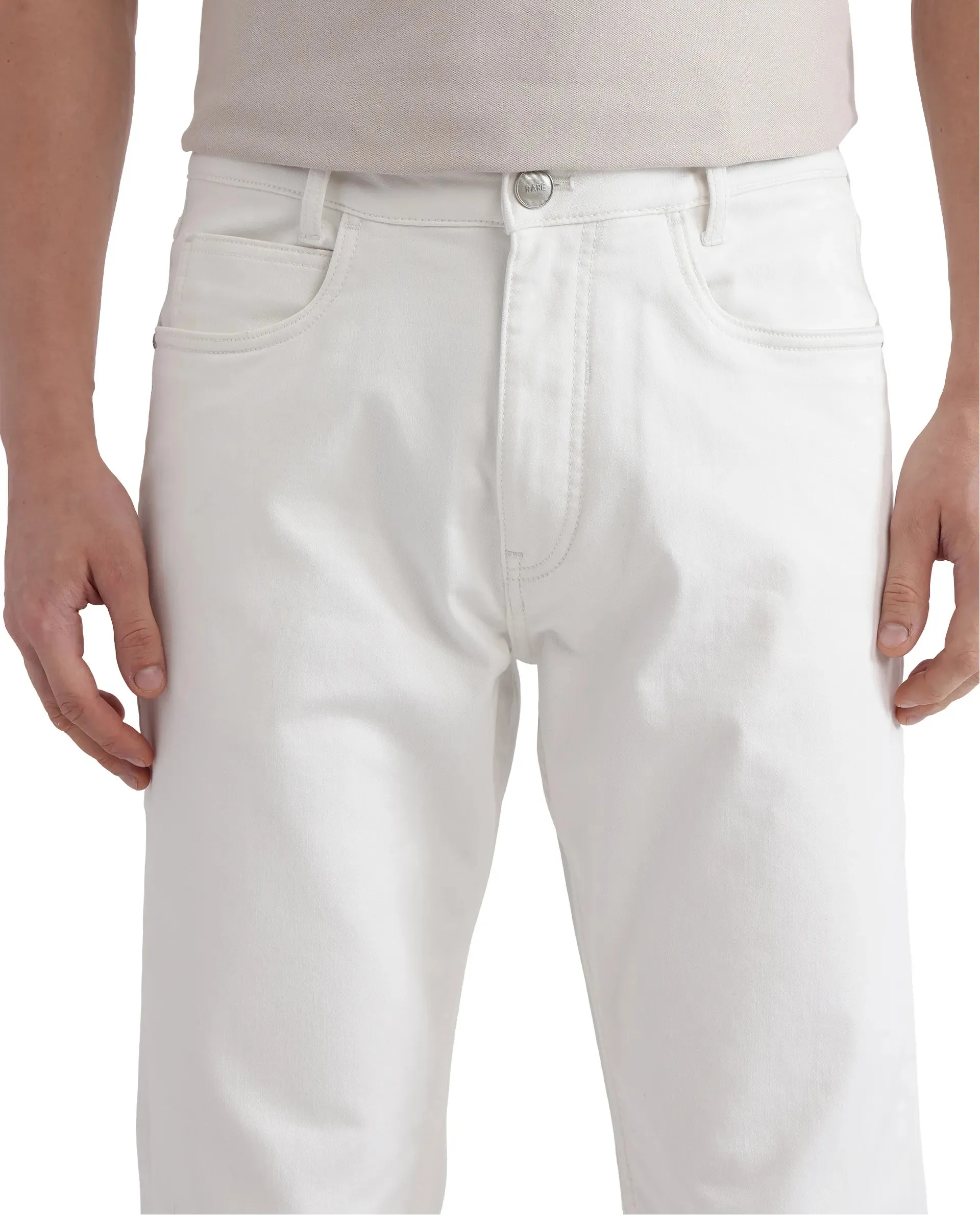 Rare Rabbit Men Glebon White Cotton Spandex Fabric Regular Fit Plain Denim Pant