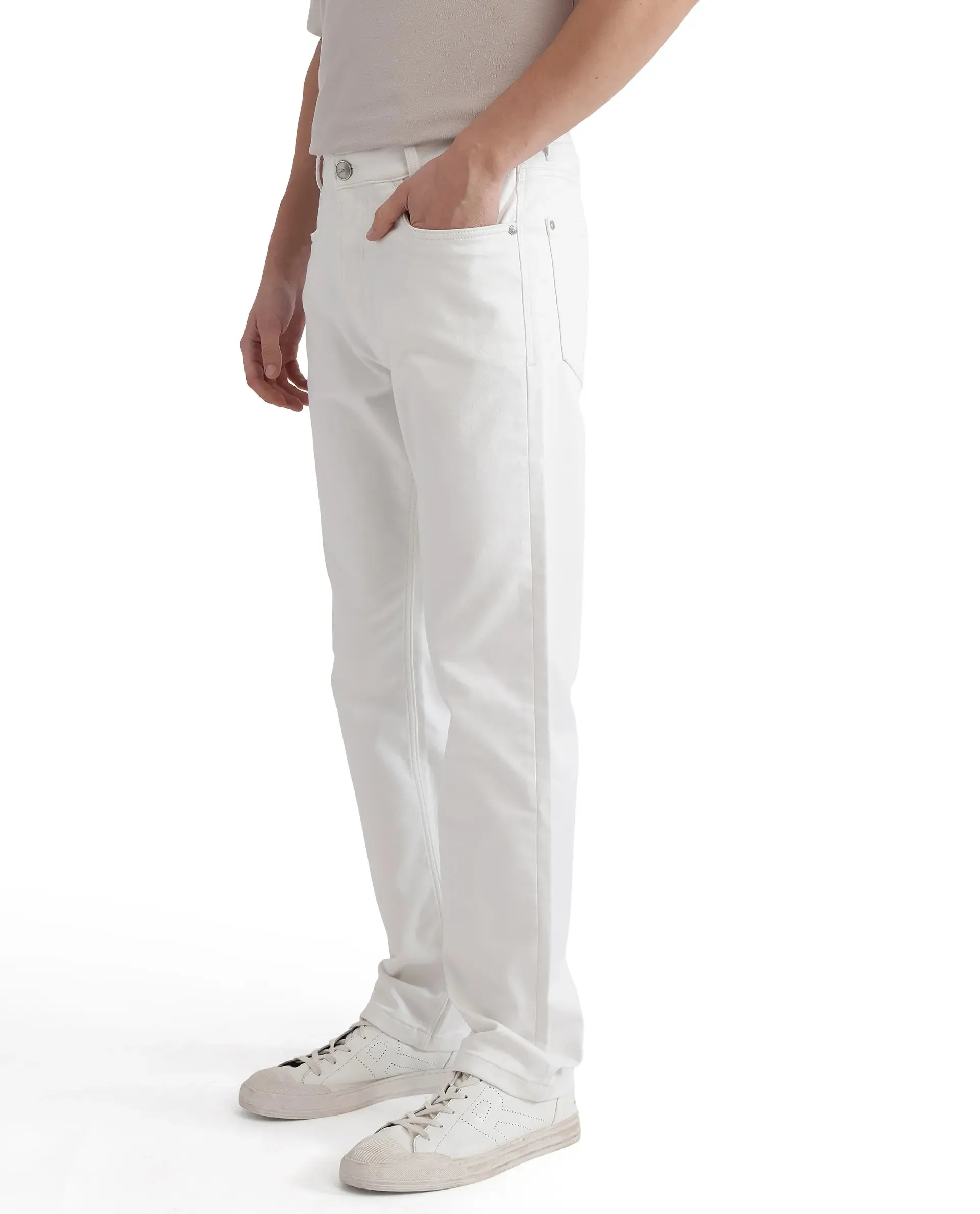 Rare Rabbit Men Glebon White Cotton Spandex Fabric Regular Fit Plain Denim Pant