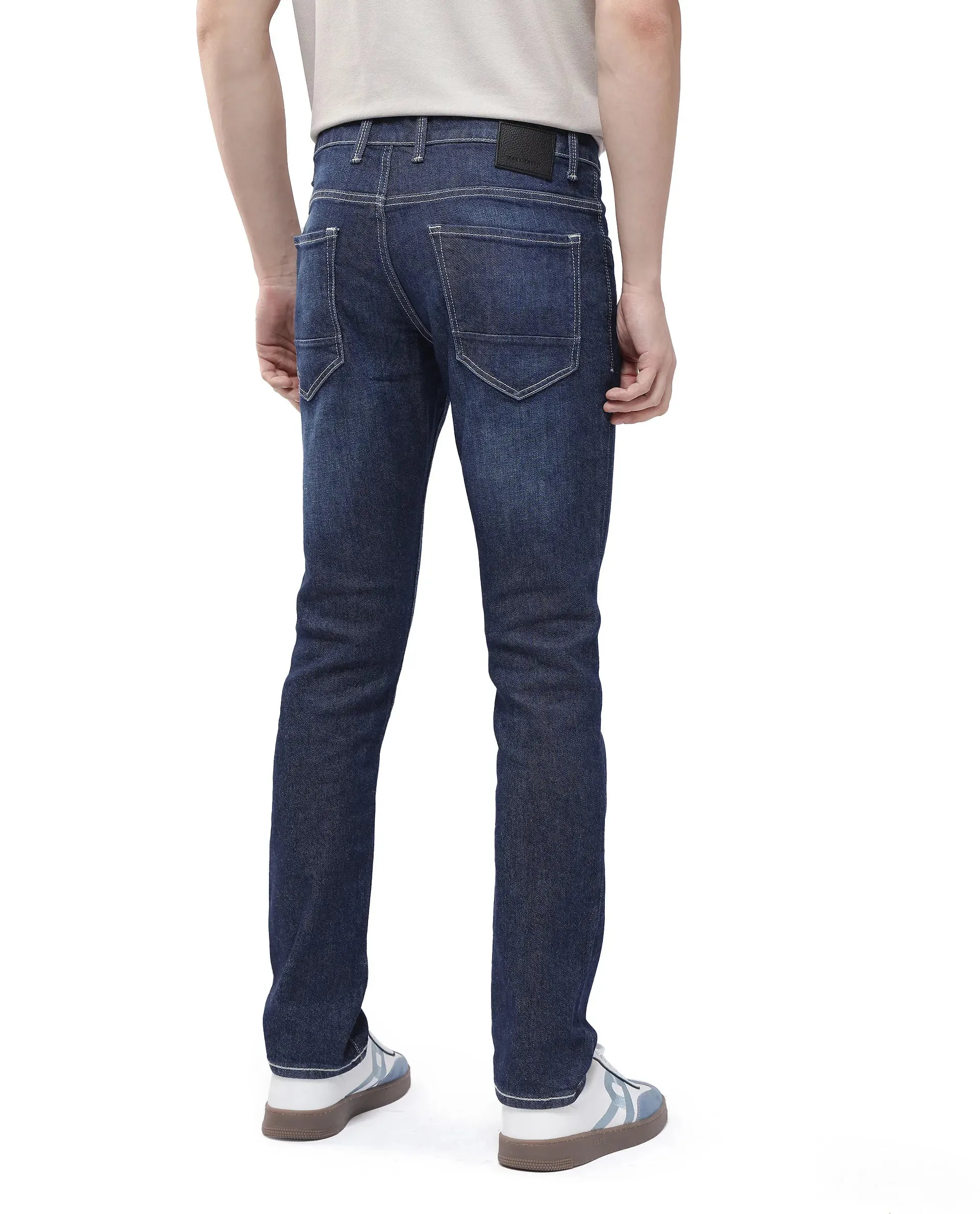 Rare Rabbit Men Yuri Dark Blue Cotton Spandex Fabric Slim Fit Mid Wash Distressed Solid Denim Pant