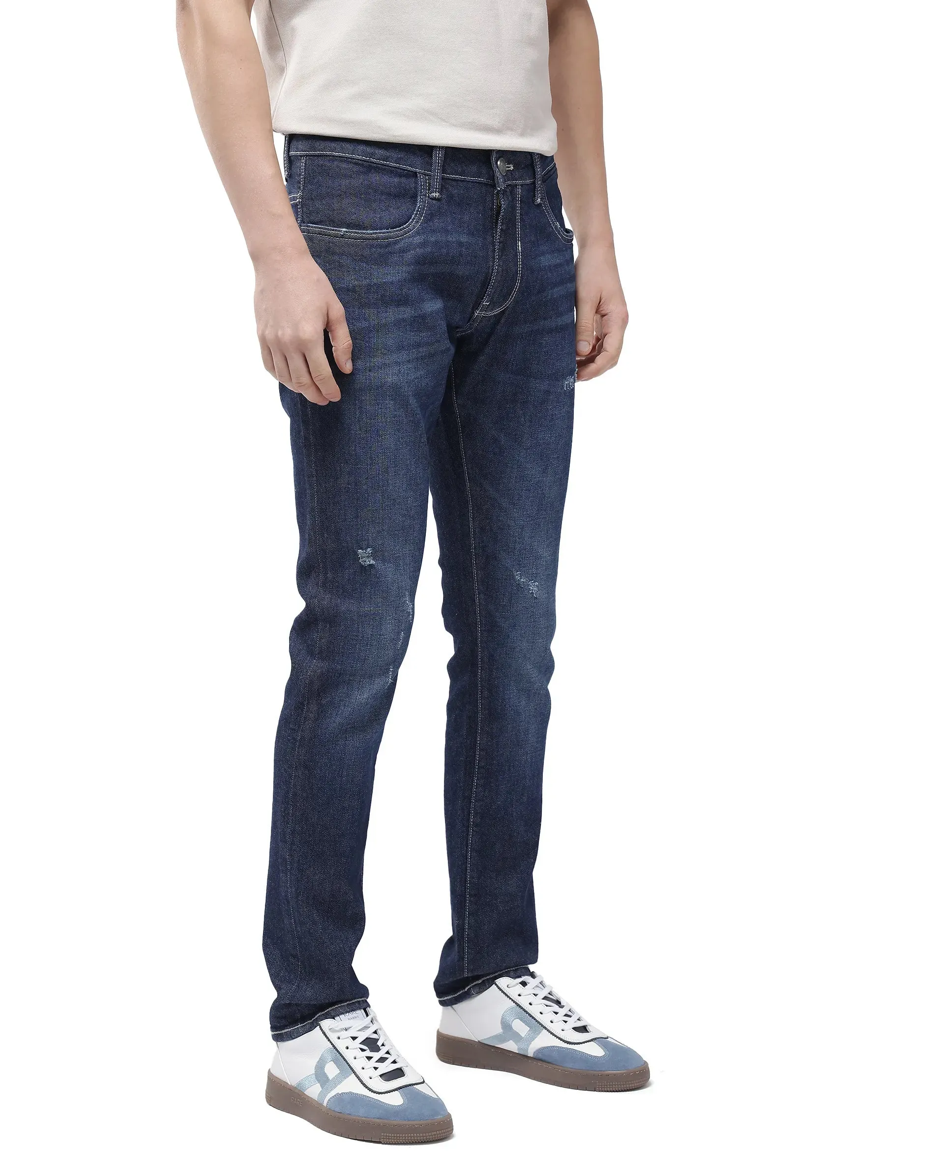 Rare Rabbit Men Yuri Dark Blue Cotton Spandex Fabric Slim Fit Mid Wash Distressed Solid Denim Pant