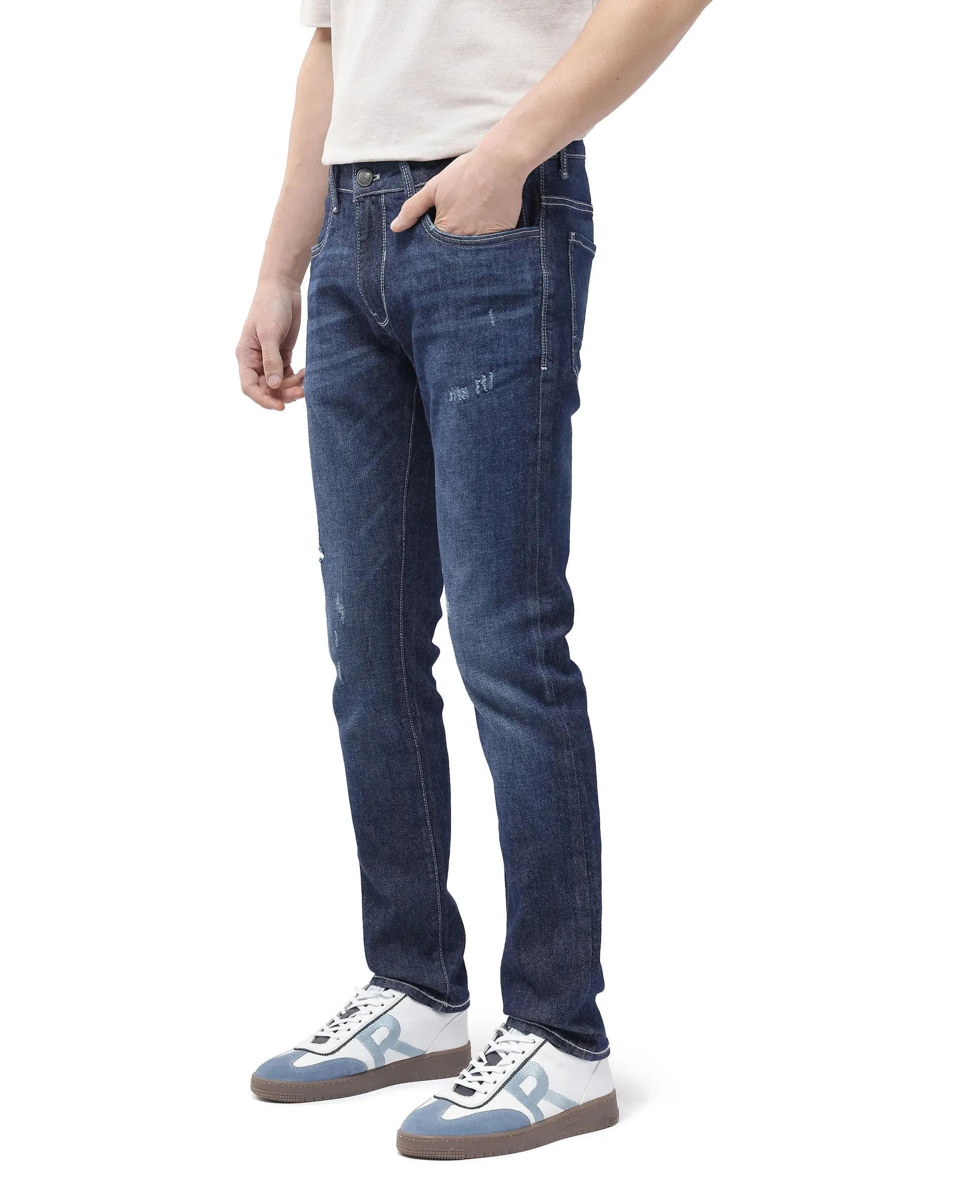 Rare Rabbit Men Yuri Dark Blue Cotton Spandex Fabric Slim Fit Mid Wash Distressed Solid Denim Pant