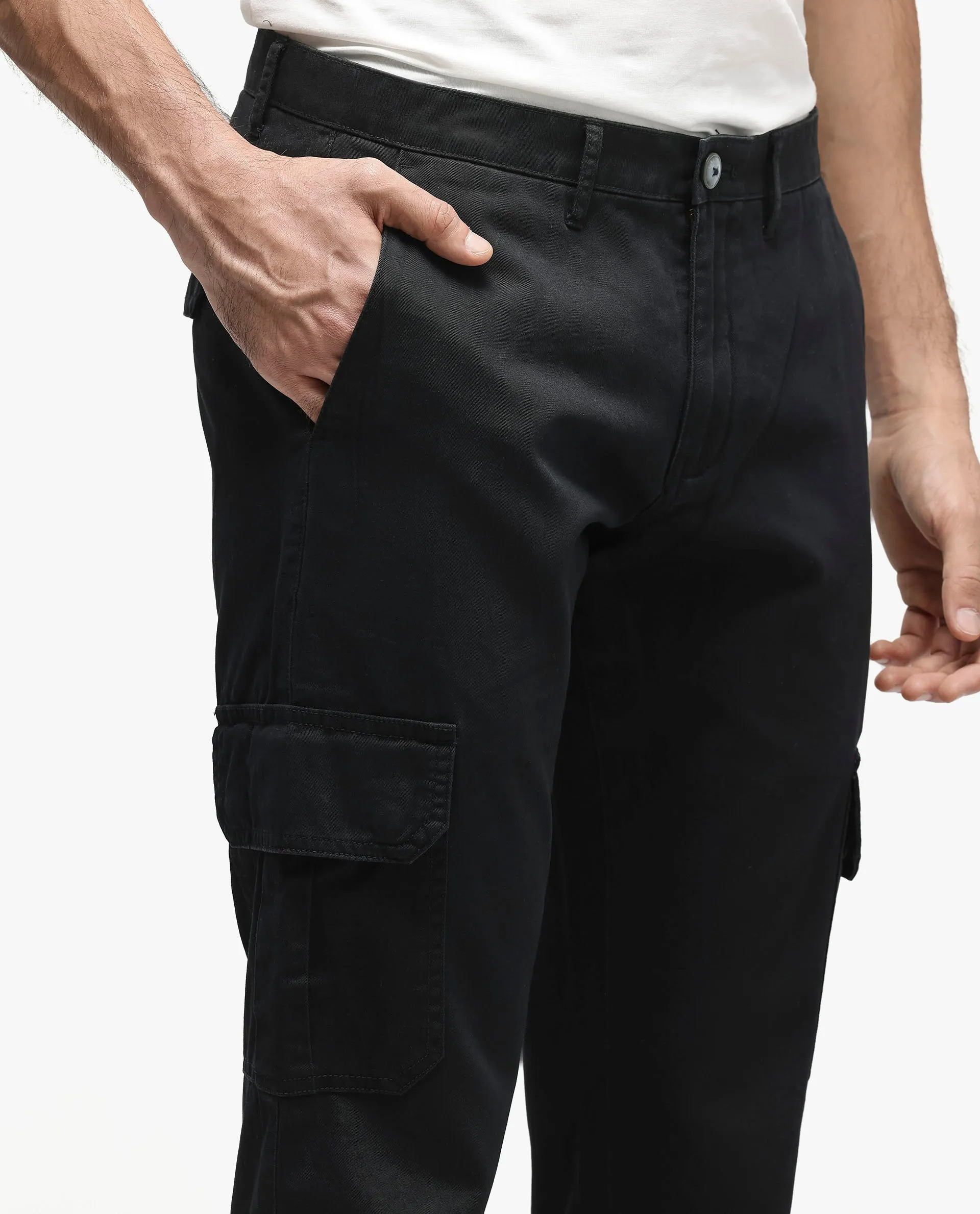 Rare Rabbit Men's Inbuil Black Mid-Rise Ice-Wash Regular Fit Cargo Trousers