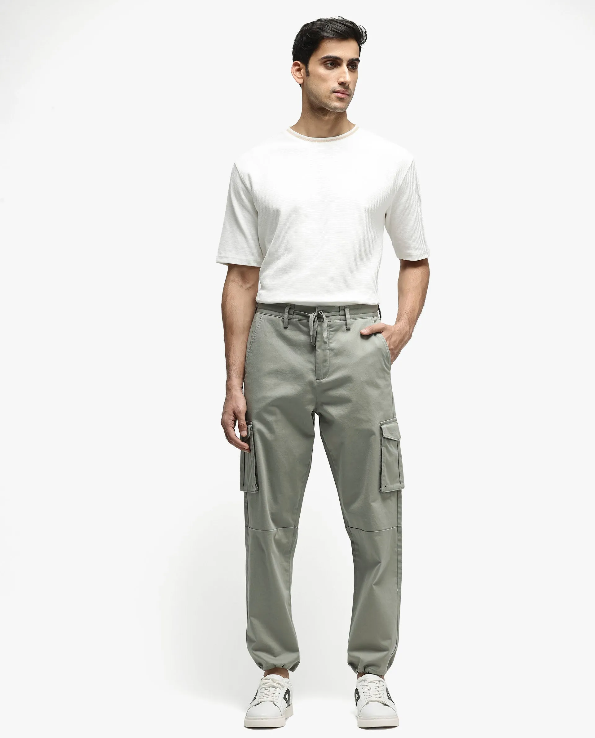 Rare Rabbit Men's Maks Dusky Olive Drawstring Closure Mid-Rise Relaxed Fit Solid Trouser