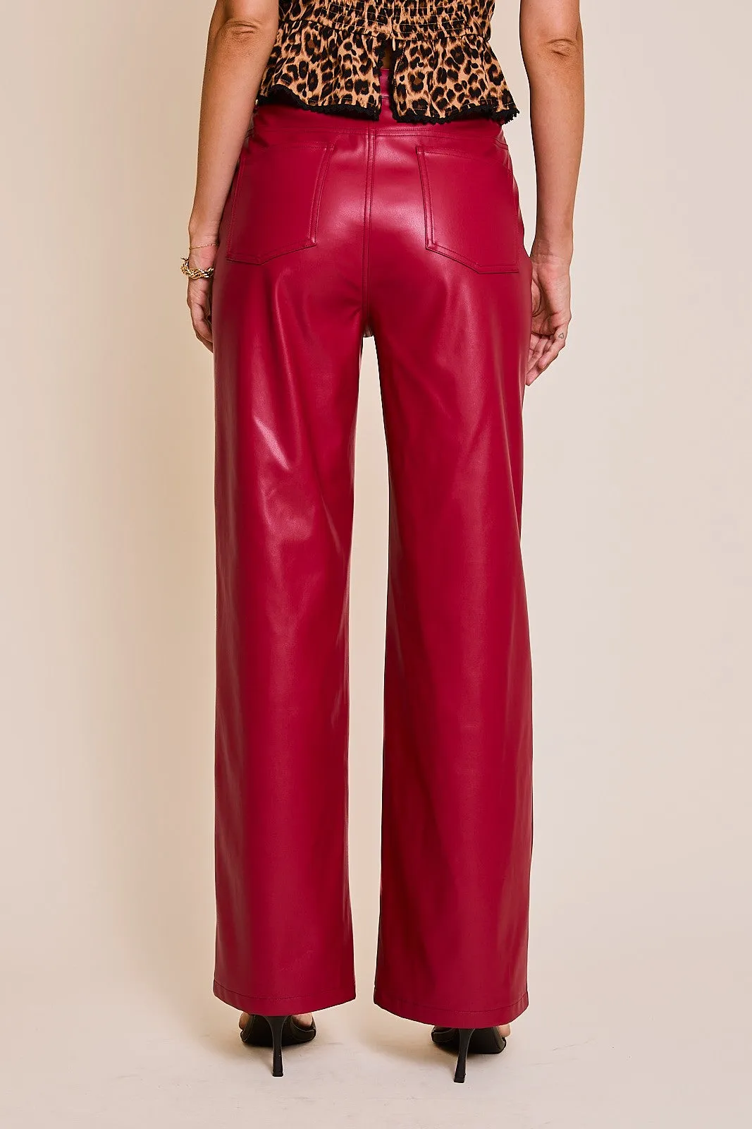 Red High Waist Faux Leather Pants