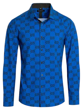 Royal Blue Men Fashion Design GG Printed Long Sleeves Dress Shirt