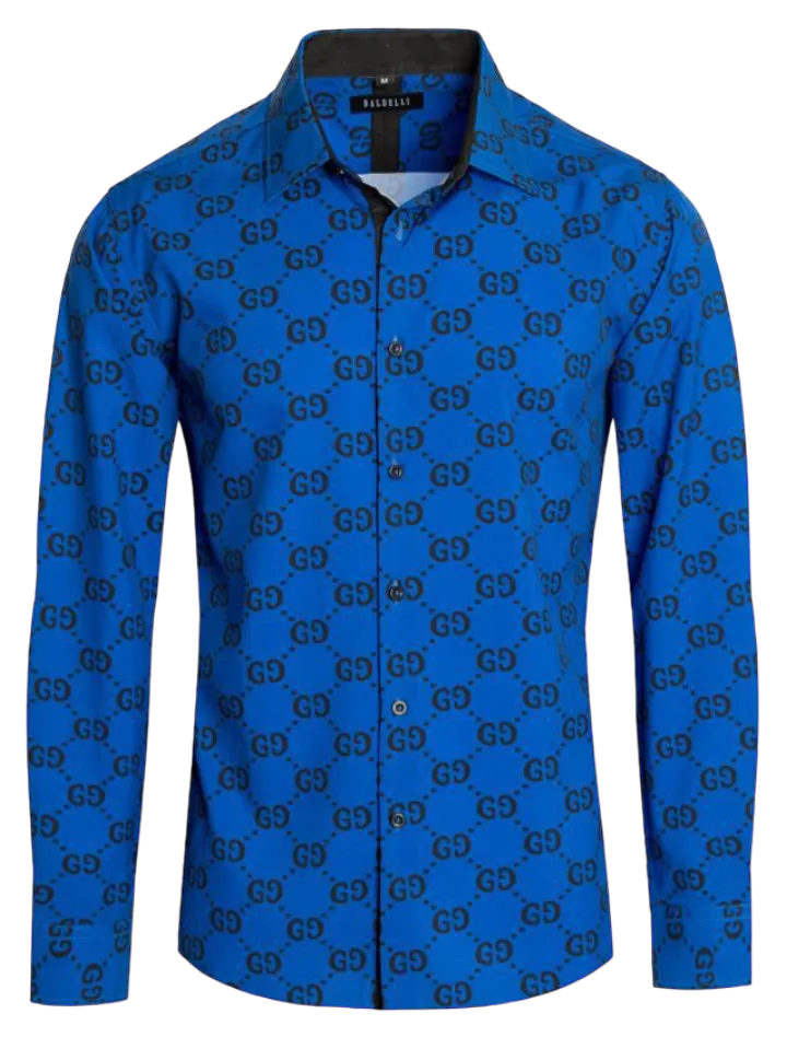 Royal Blue Men Fashion Design GG Printed Long Sleeves Dress Shirt