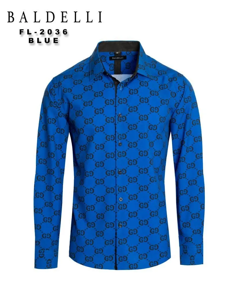 Royal Blue Men Fashion Design GG Printed Long Sleeves Dress Shirt