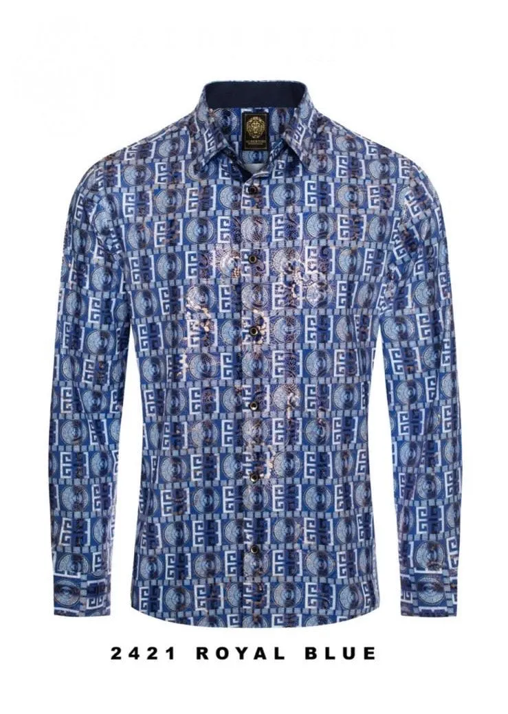 Royal Blue Paisley Luxury Design Men's Long Sleeve Vintage Shirt Regular-Fit Style No: 2421