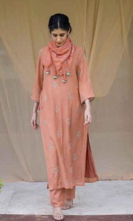 RUST EMBROIDERED TUNIC WITH SCARF (SET OF 3)