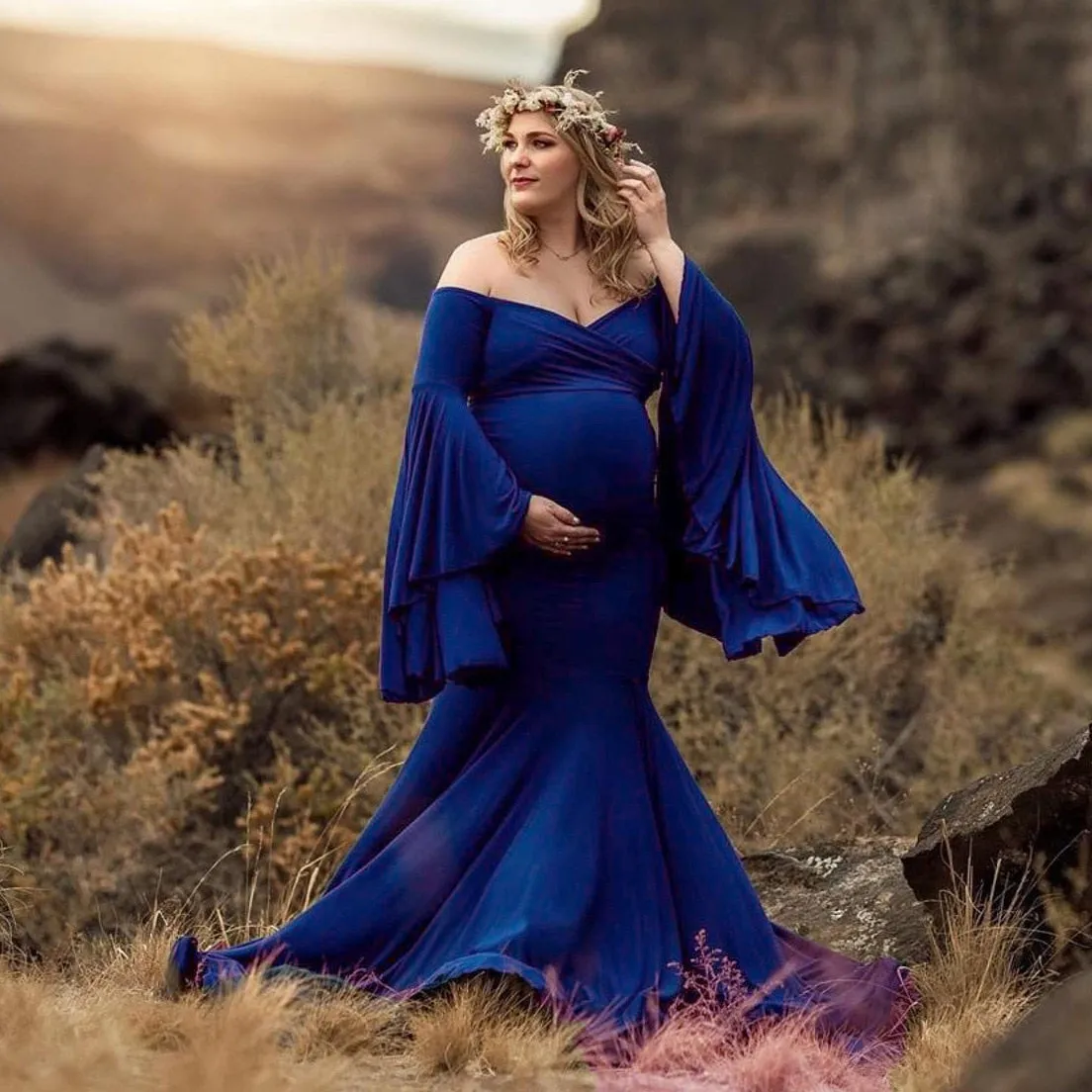 Sexy Maternity Trumpet Sleeve Cotton Dress for Photoshoot