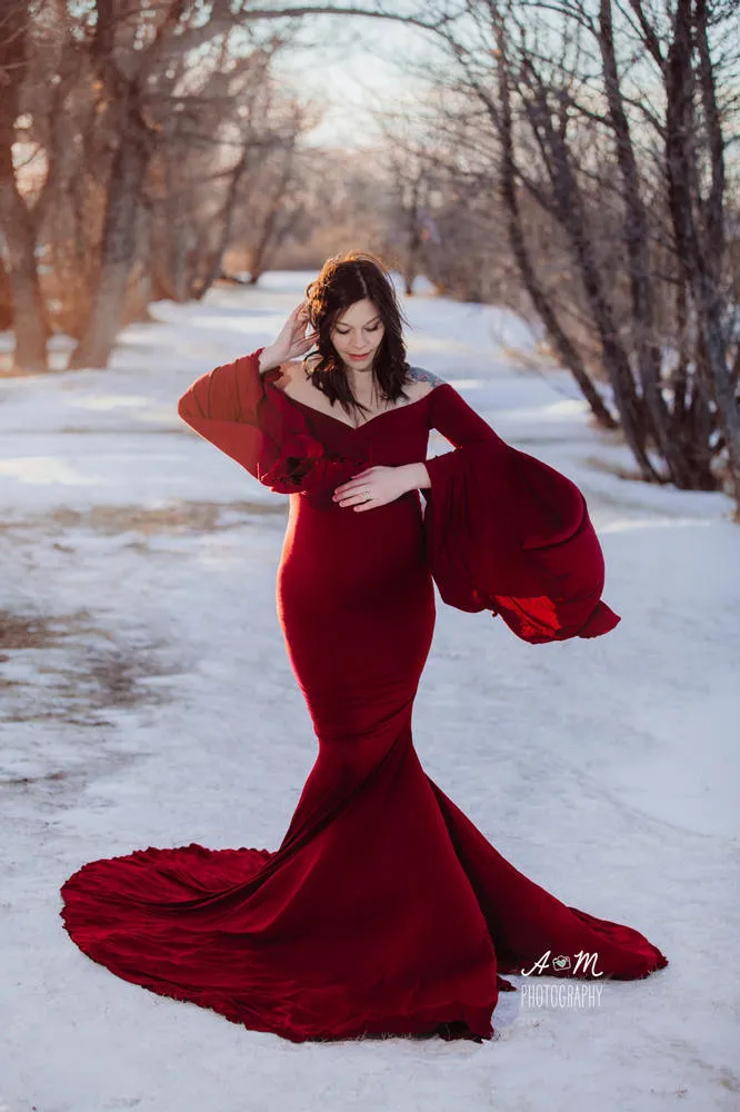 Sexy Maternity Trumpet Sleeve Cotton Dress for Photoshoot