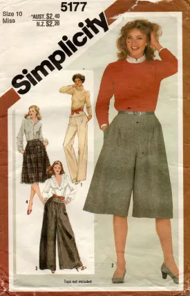 Simplicity 5177 Womens Yoked Skirt Culottes Wide & Straight Leg Pants 1980s Vintage Sewing Pattern Size 10 Waist 25 inches