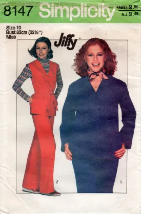 Simplicity 8147 Womens JIFFY Pullover Top & Pants 1970s Vintage Sewing Pattern Size 10 UNCUT Factory Folded