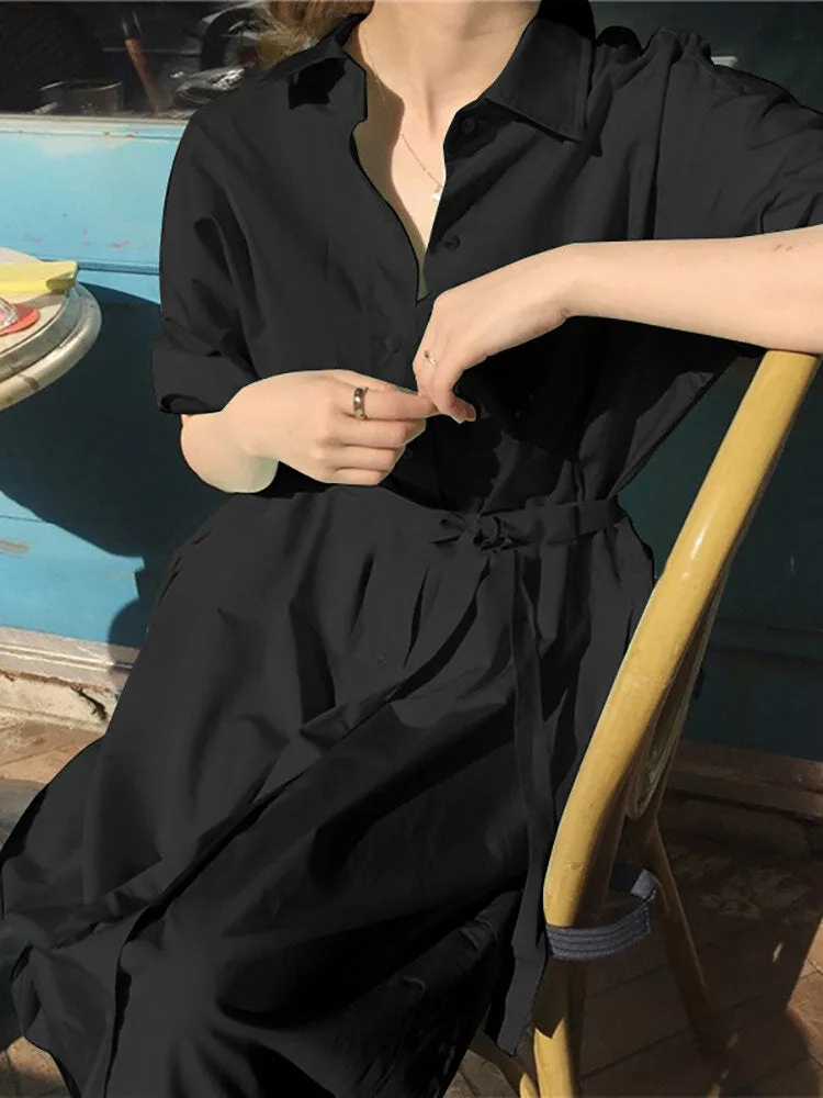 Solid Color Long Sleeve Lapel Knotted Maxi Shirt Dress