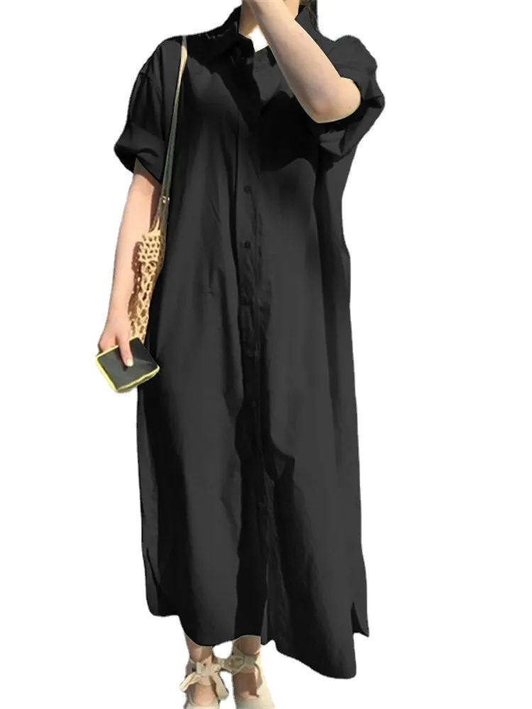 Solid Color Long Sleeve Lapel Knotted Maxi Shirt Dress