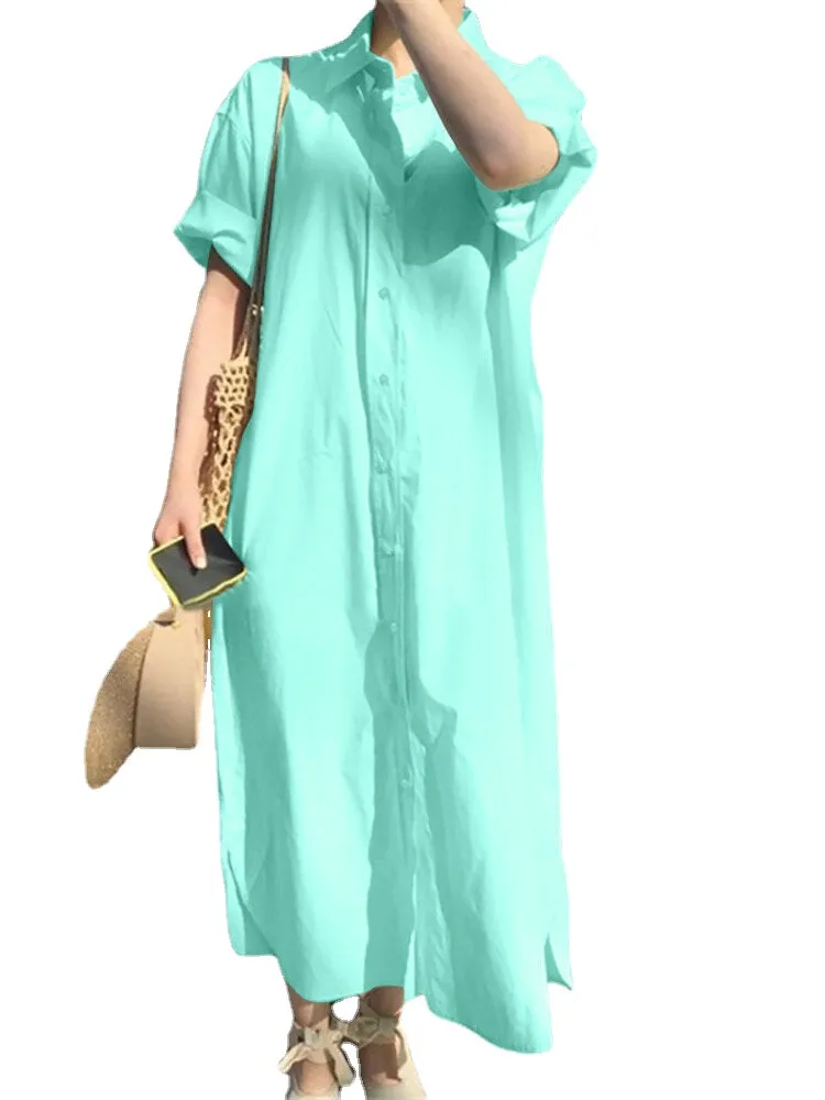 Solid Color Long Sleeve Lapel Knotted Maxi Shirt Dress