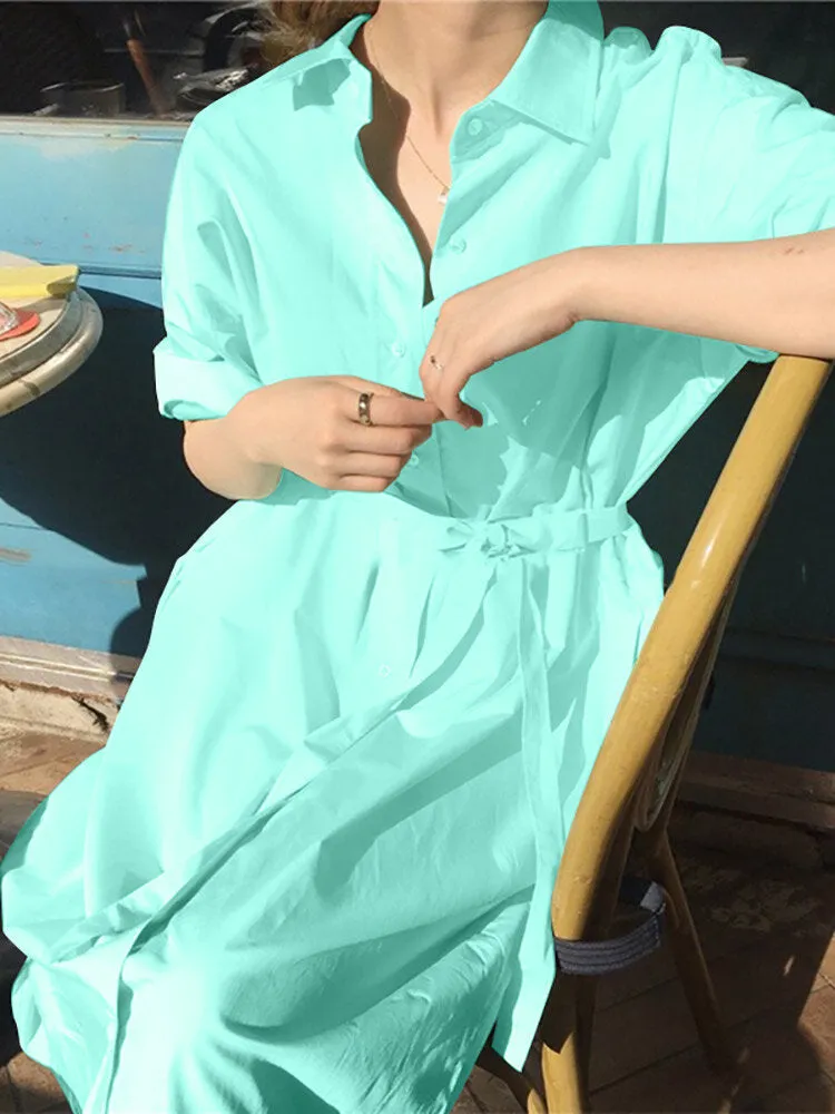 Solid Color Long Sleeve Lapel Knotted Maxi Shirt Dress