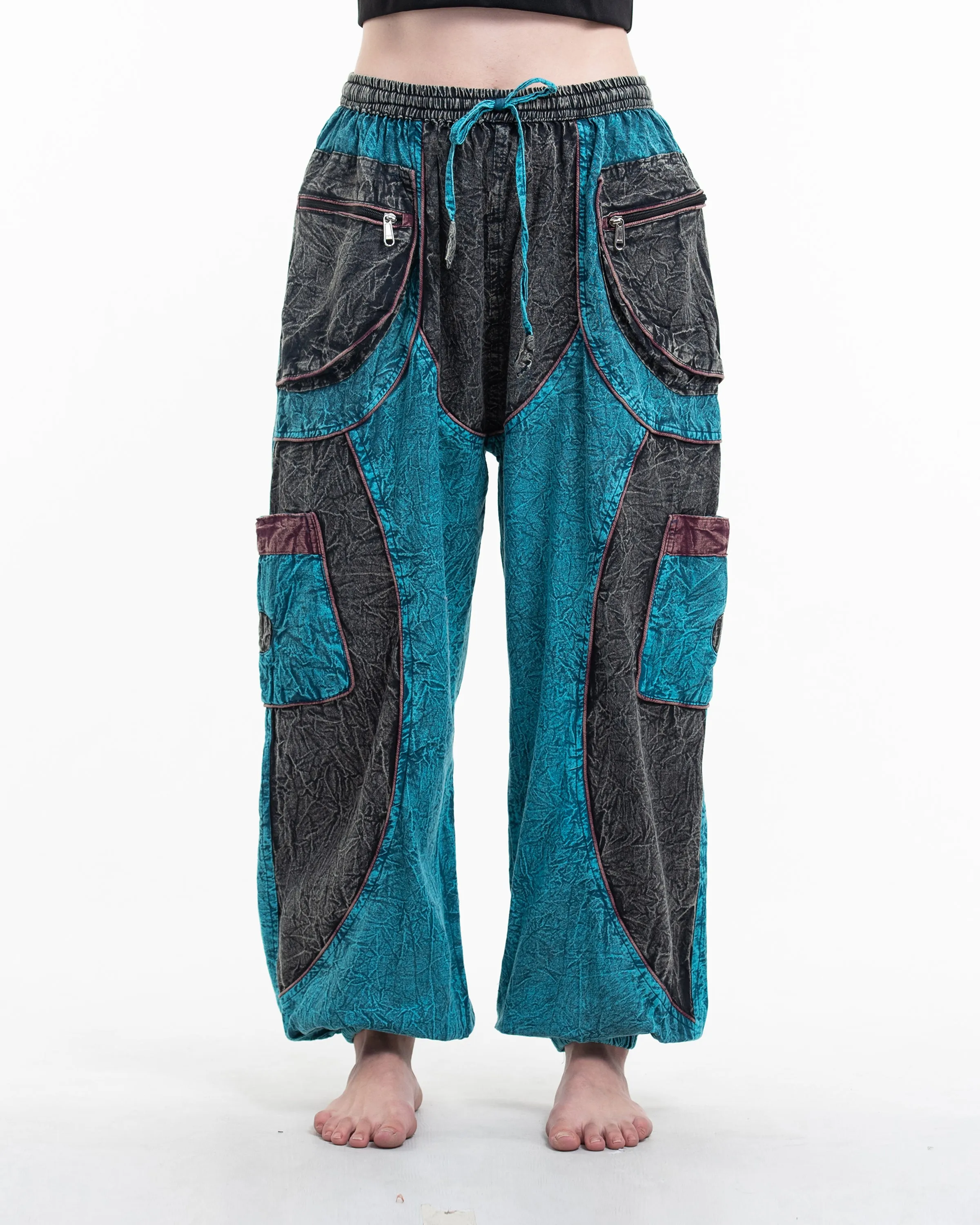 Unisex Patchwork Stone Washed Cargo Cotton Pants in Blue 05