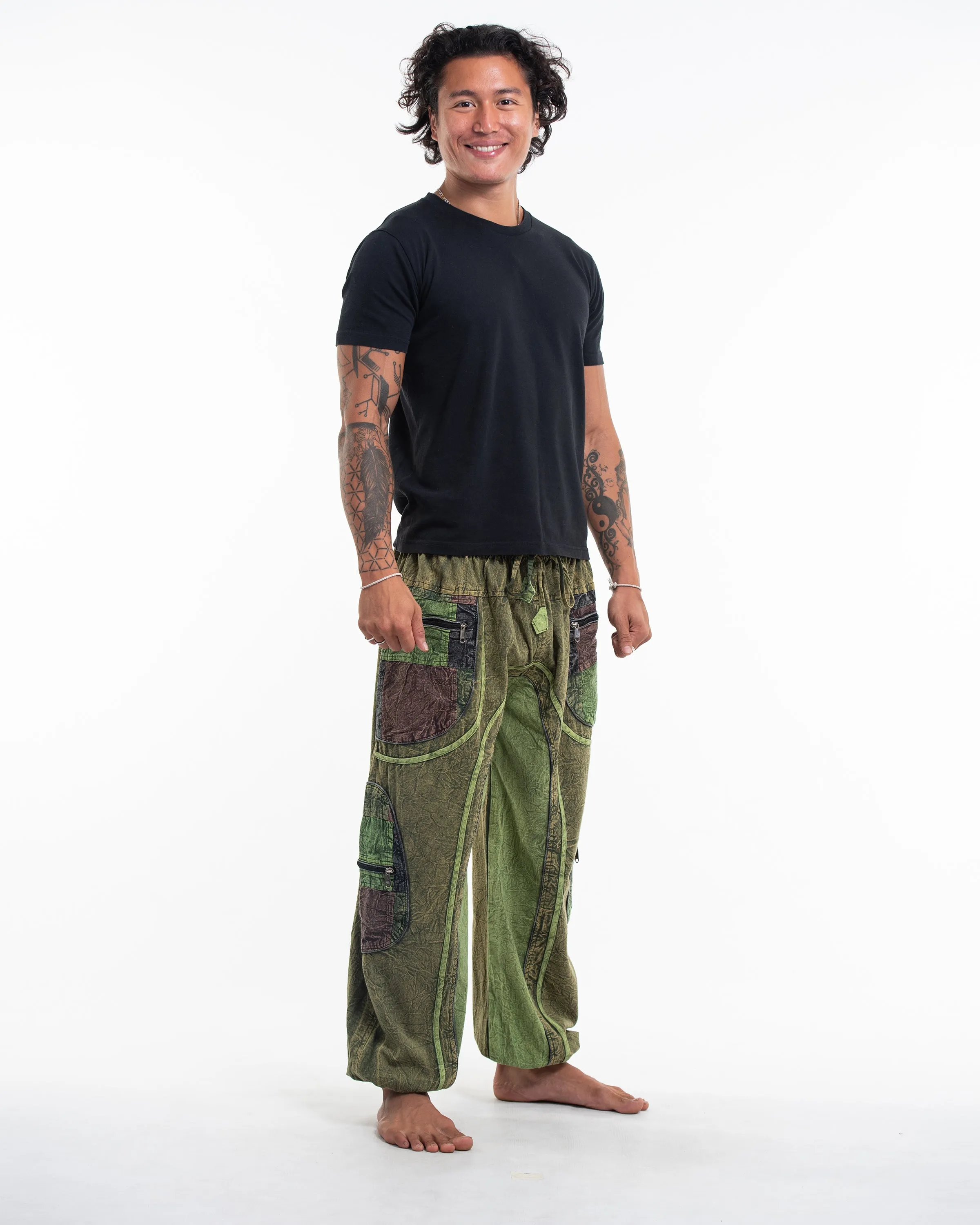 Unisex Patchwork Stone Washed Cargo Cotton Pants in Green 01