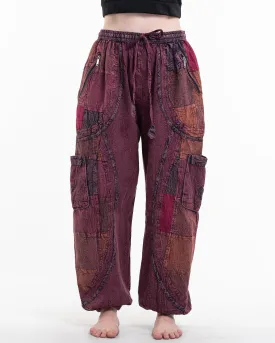 Unisex Patchwork Stone Washed Cargo Cotton Pants in Maroon 02