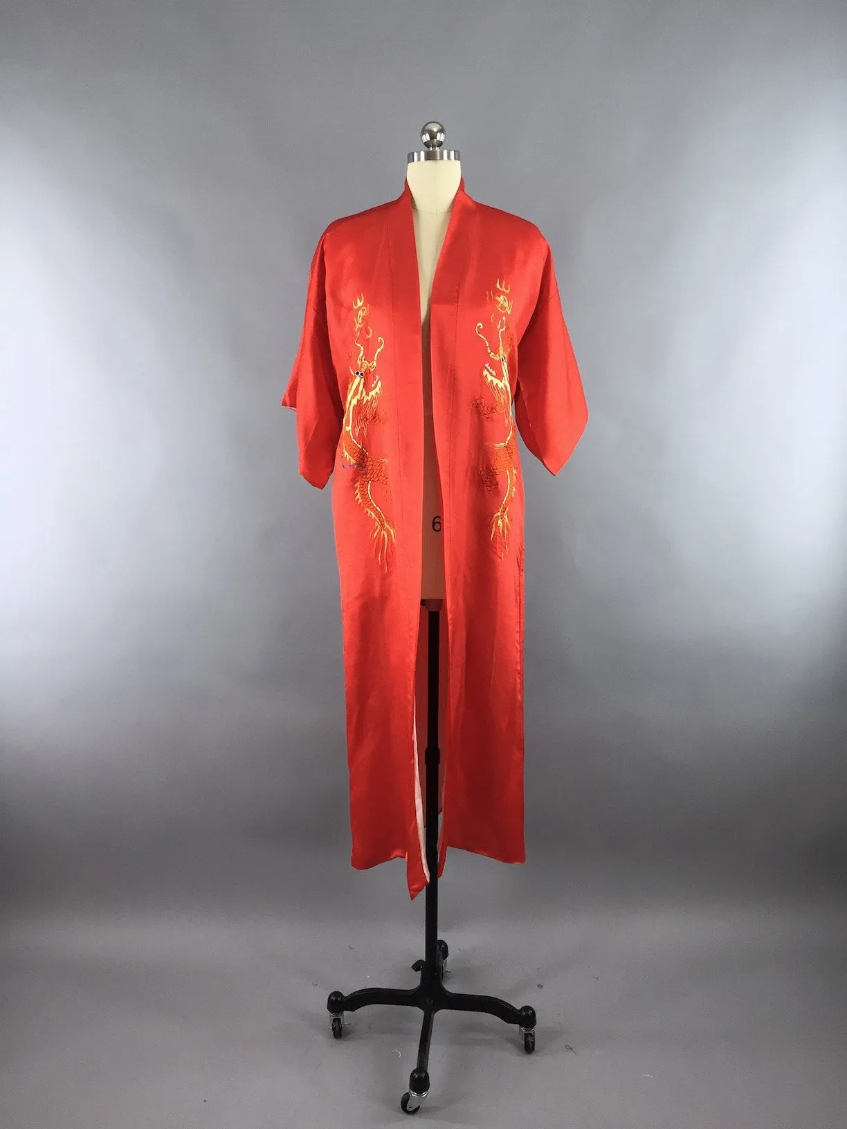 Vintage 1930s Silk Pajamas & Robe Set / Red White and Blue Dragons