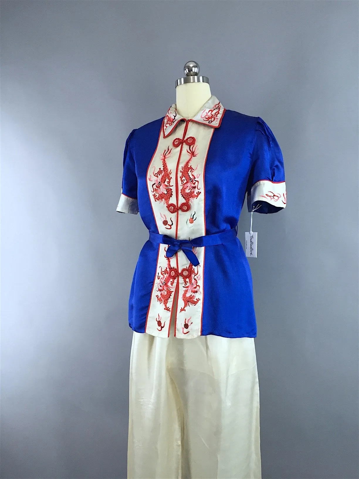 Vintage 1930s Silk Pajamas & Robe Set / Red White and Blue Dragons