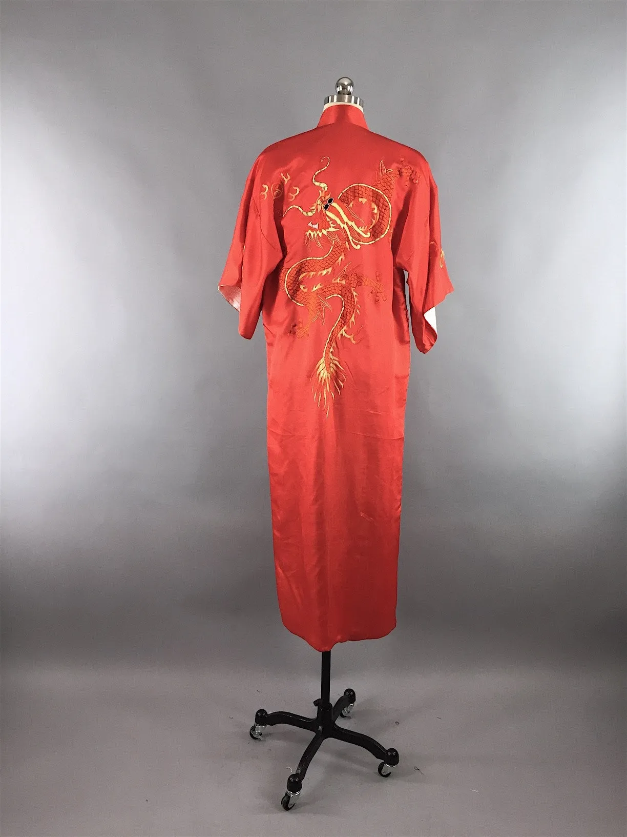 Vintage 1930s Silk Pajamas & Robe Set / Red White and Blue Dragons