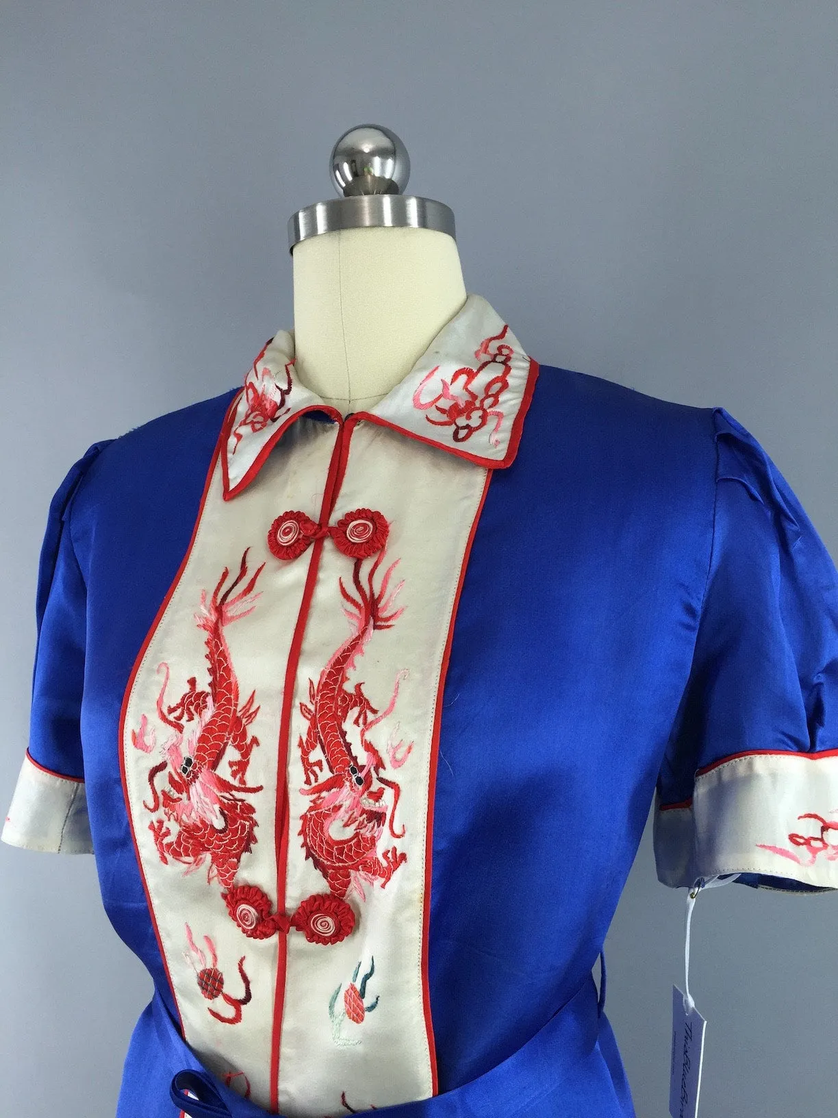 Vintage 1930s Silk Pajamas & Robe Set / Red White and Blue Dragons