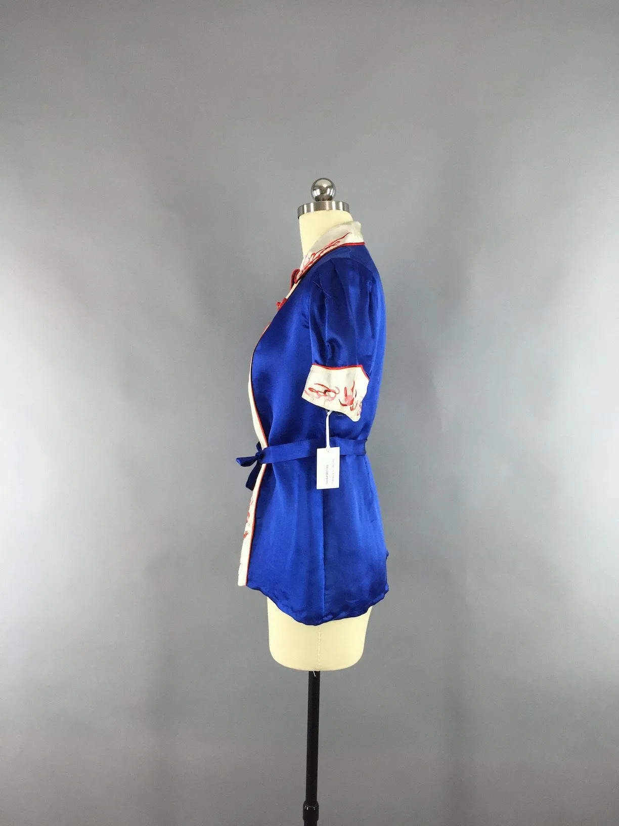 Vintage 1930s Silk Pajamas & Robe Set / Red White and Blue Dragons