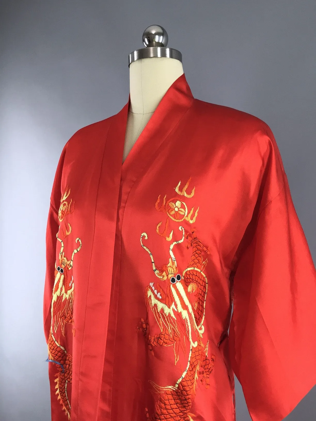 Vintage 1930s Silk Pajamas & Robe Set / Red White and Blue Dragons